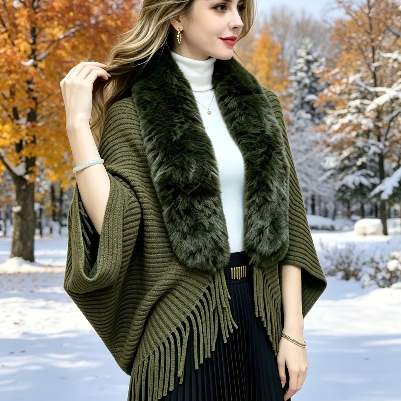 TEMU Plus Size, New -style Fringed Collar Cape Shawl, Fashionable Versatile High-end Warm Women's Outerwear