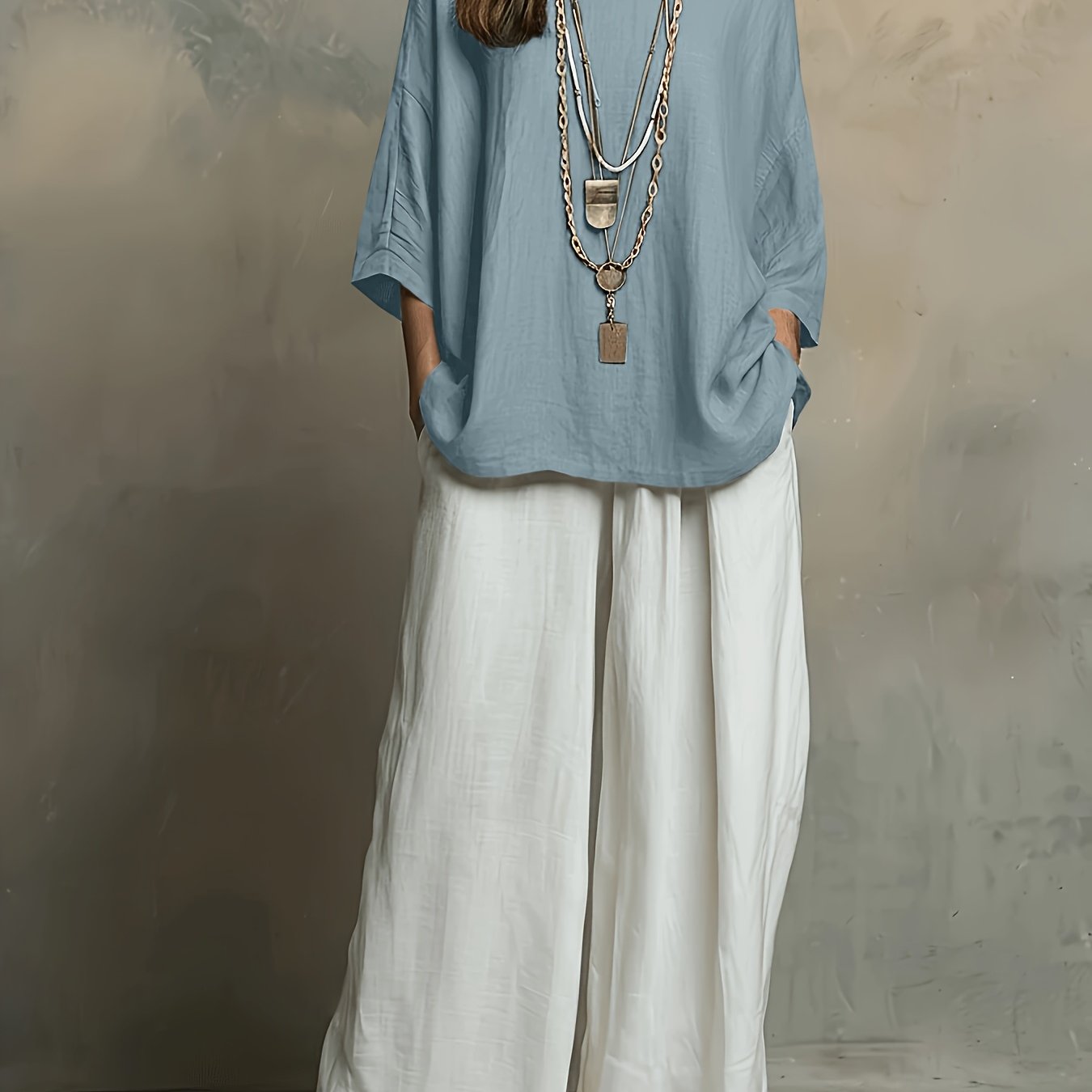 TEMU Ensemble bohème printemps été, nouveau, ample et élégant, color-block, pour femmes, col rond, manches courtes, haut uni et pantalon large taille