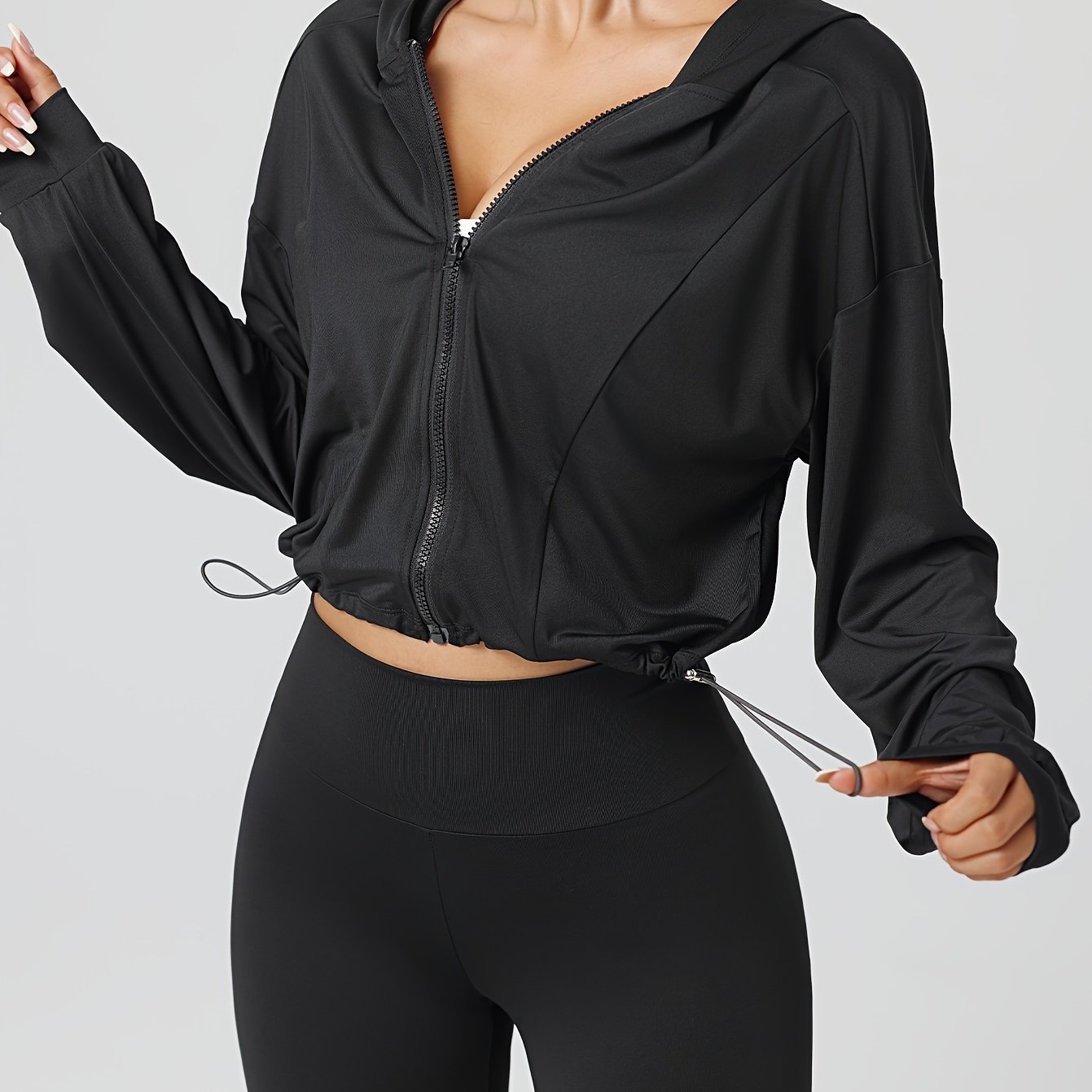 Women's Drawstring Hem Hooded Athletic Jacket, Casual Short Zip-up Yoga Jacket