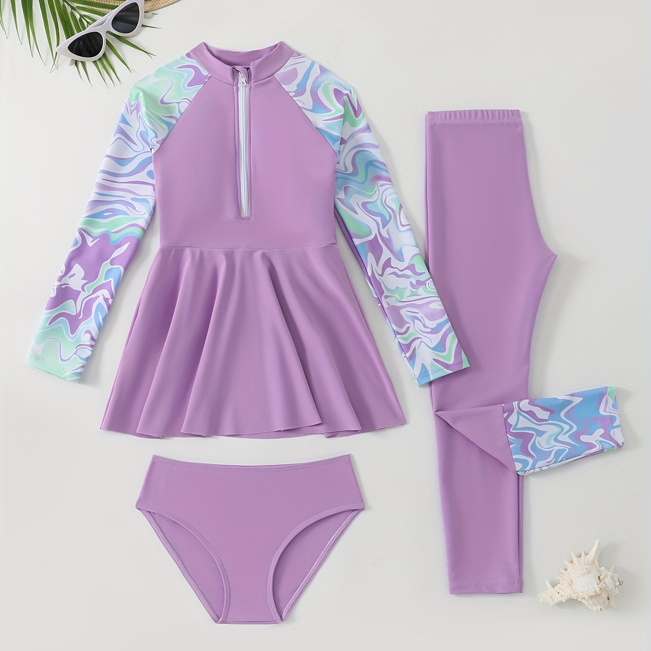 Image of ' Clothing Random Print Long Sleeve Dress Long Pants Middle To Large Size Girls' Swimwear Swimming Pool