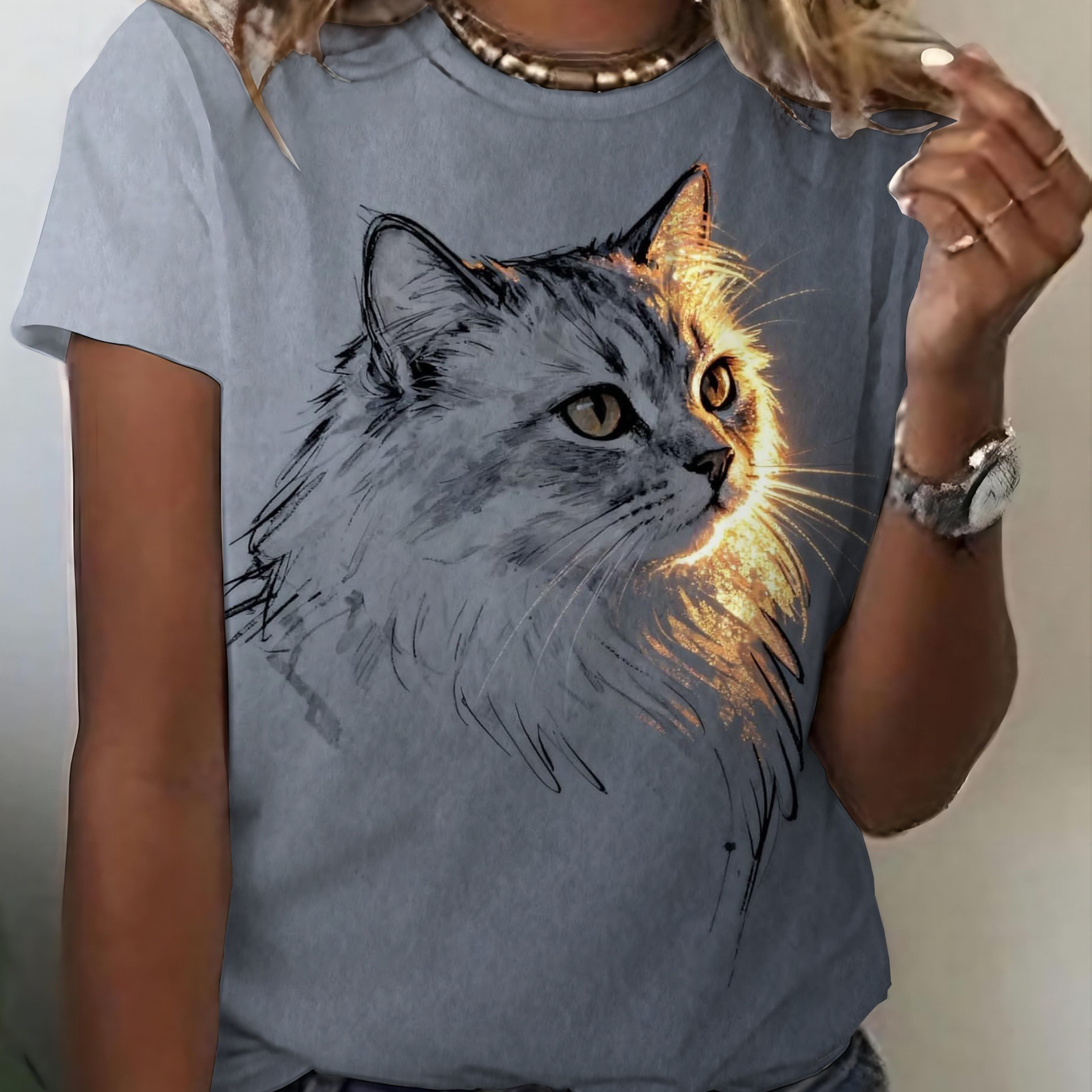TEMU 2026 New Women's Short Sleeve - Ink Style Gradient Small Face Cat Print Short Sleeve Gentle Temperament Women' All-match Women's - Fashionable