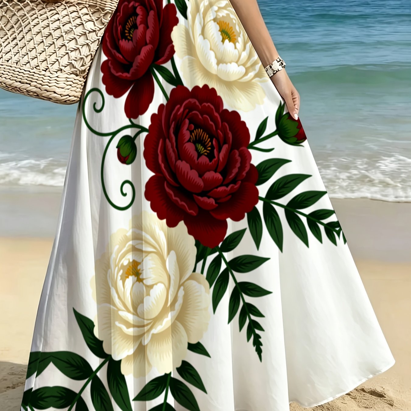 TEMU Lianyaoshi [printed Designnot Textured] Elegant Floral Print Maxi Skirt For Women Beach Vacation, Daily Wear, Casual , Lightweight And