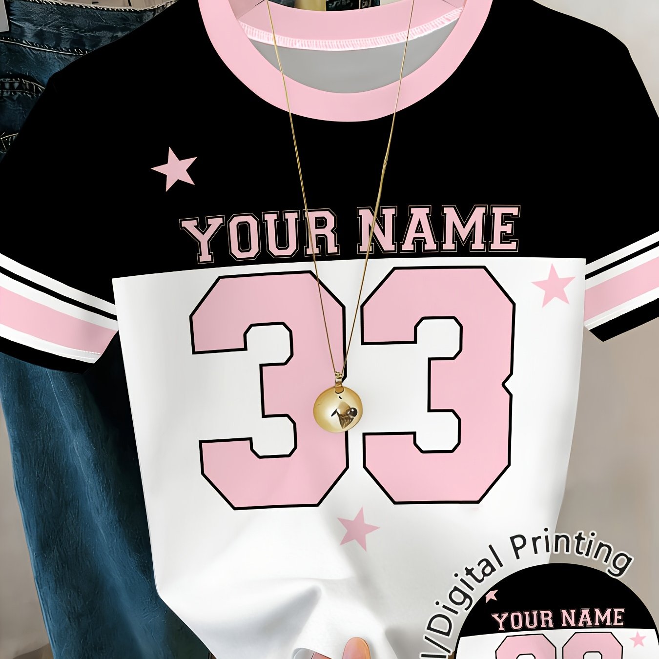 TEMU Custom T-shirts For Women, Custom Tees - Design Your Own, Gifts For , Custom Name & Number Color Block T-shirt, Digital Printing Customized