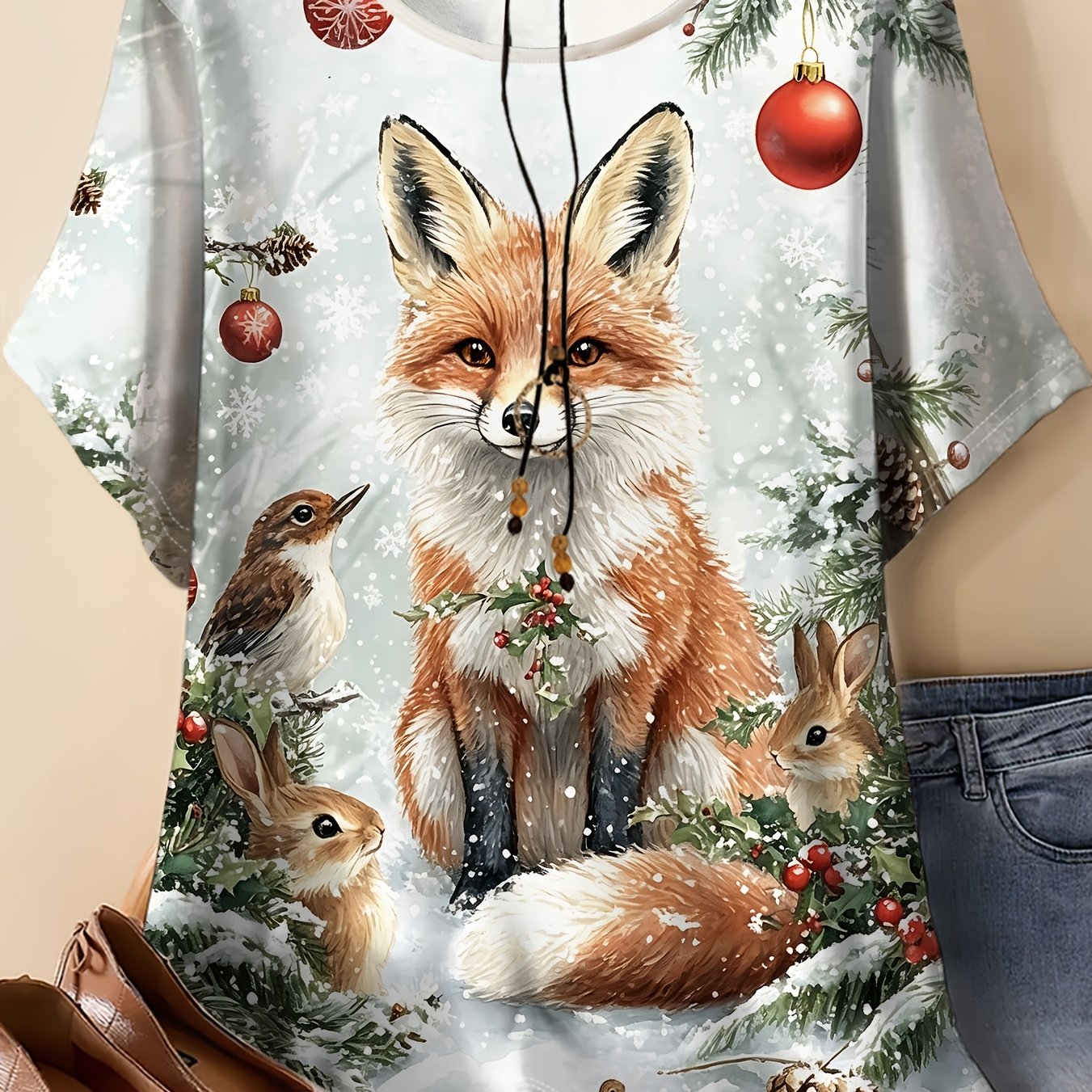 TEMU Women's Summer Plus Size Round Neck T-shirt With In Winter Realistic Print