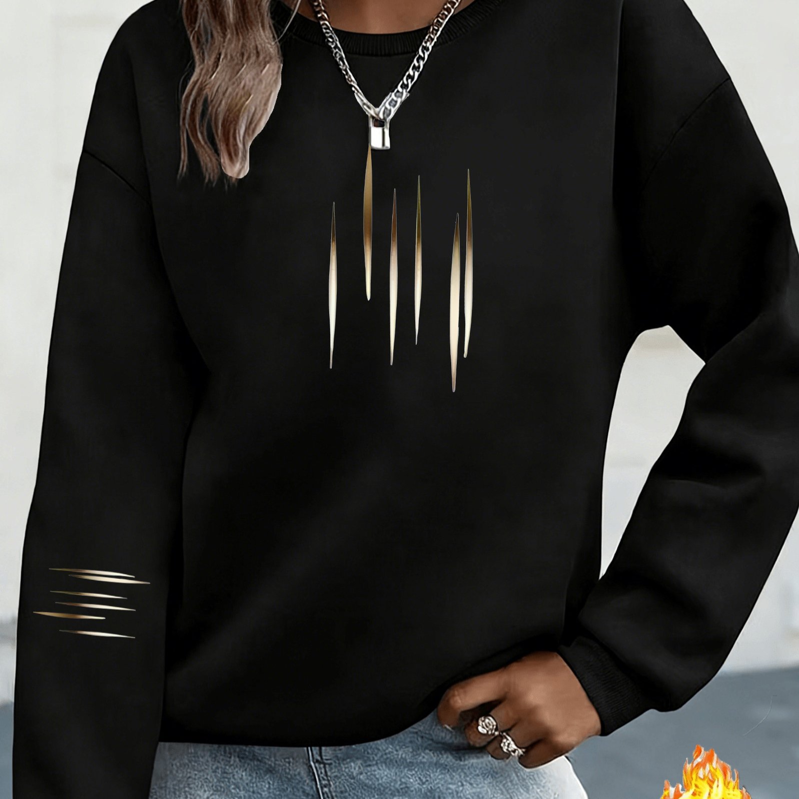 TEMU Fashionable And Trendy, Printed Sleeves, Women's -lined Crewneck Sweatshirt, Loose And Comfortable, Women's Autumn/winter Casual Sportswear