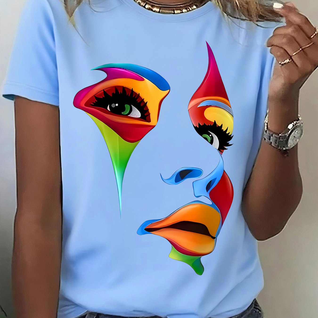TEMU T-shirt d'été une pièce à manches courtes - Avec un imprimé tendance de visage d'art vibrant et - Vêtement élégant pour femmes, T-shirt léger à