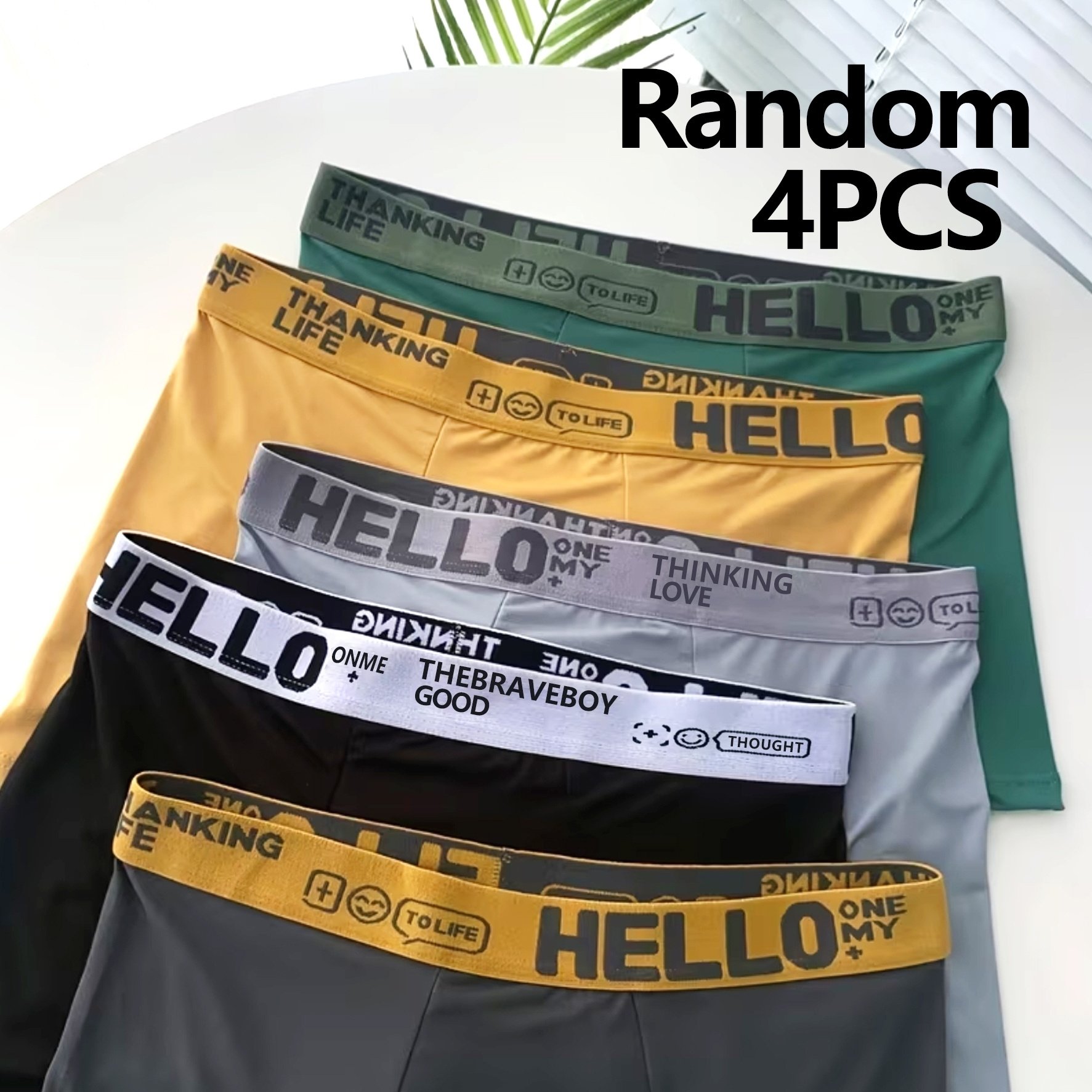 TEMU 4pcs Random 4pcs Mixed Color Men's Underwear, Teen Fashion Underwear, Hello Pattern, Knit Fabric, Medium Stretch, Comfortable And Breathable,