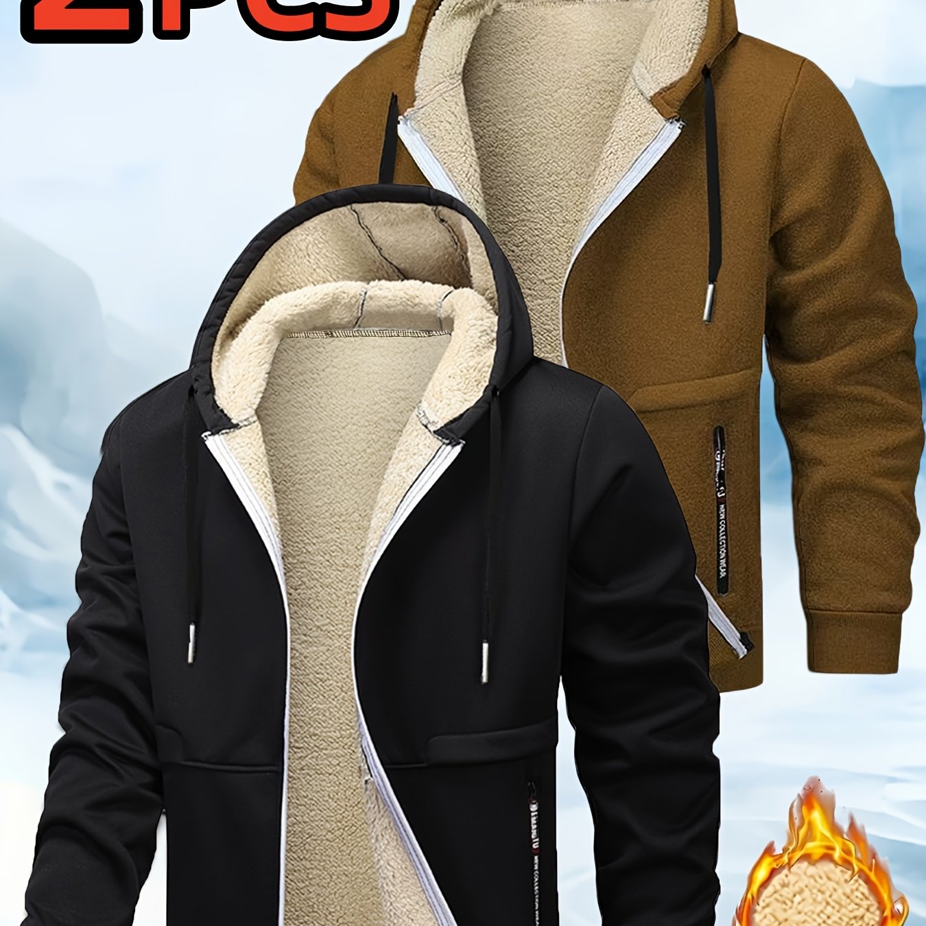 TEMU Men's 2pcs Hooded Jacket Set - Fleece , Full-zip Front, Side Pockets - Suitable For Skiing, Hiking, Commuting In Cold Weather