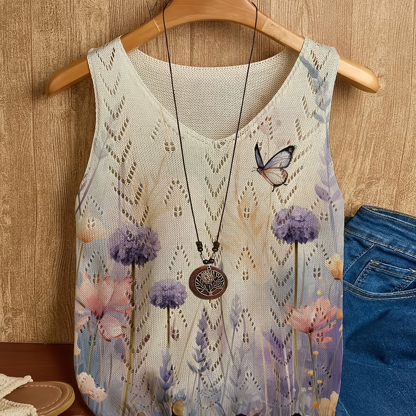 TEMU [2d Digital Printing] Women's Spring/summer Sleeveless Tank Top, Early Spring Hollow-out Versatile Regular V-neck Inner Tank Top, Summer Soft,