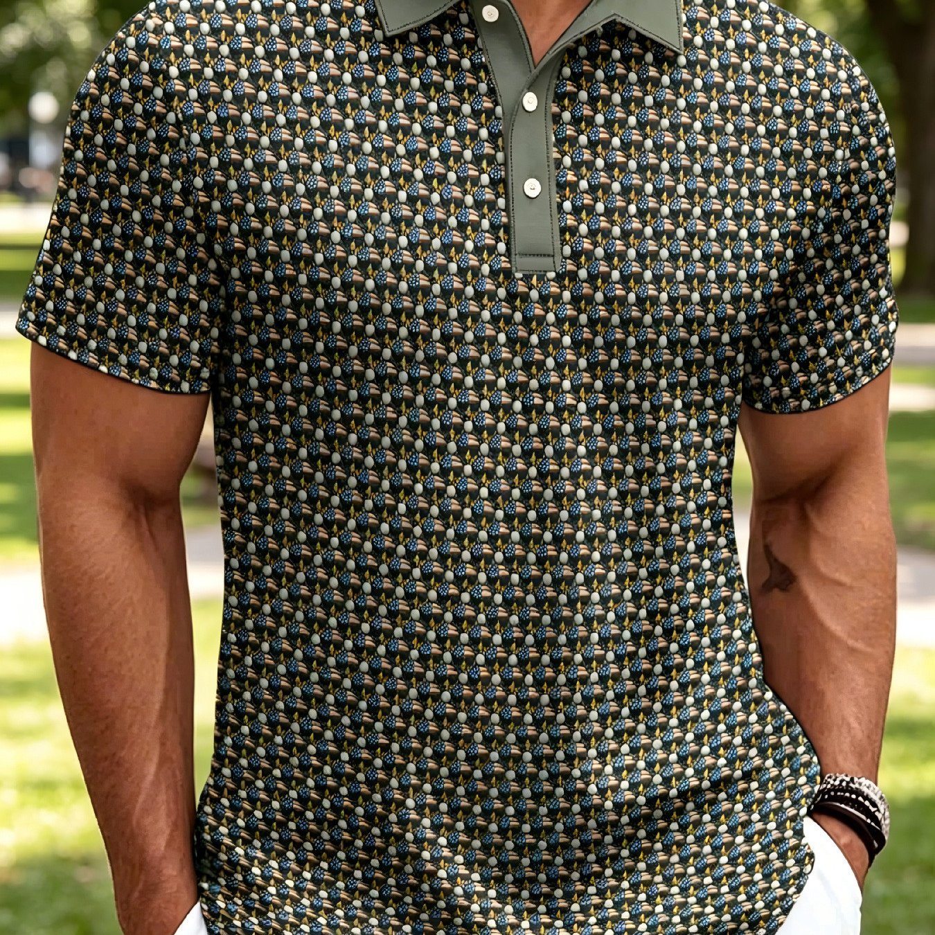 TEMU Oversized Men's Short-sleeve Shirt With Button Design, Army -over Geometric Print, Casual Lapel Short-sleeve Top, Regular Fit, Printed Polyester