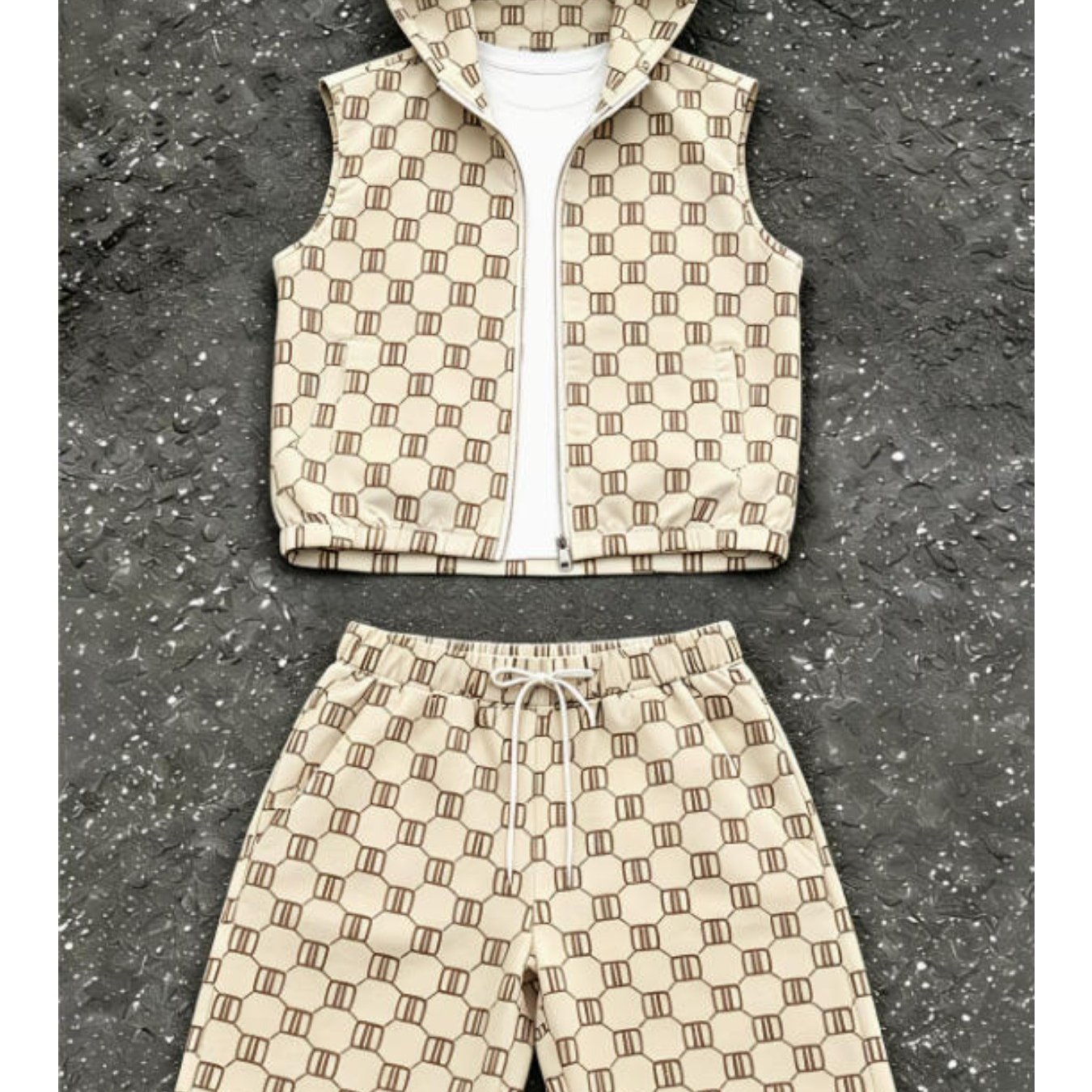 Men's Casual Suit Sleeveless Hooded Men's Set Casual Trendy Geometric& Letter Pattern Shorts Set Men's Fashion For Adults Men Street Style Casual Wear Holiday Gift