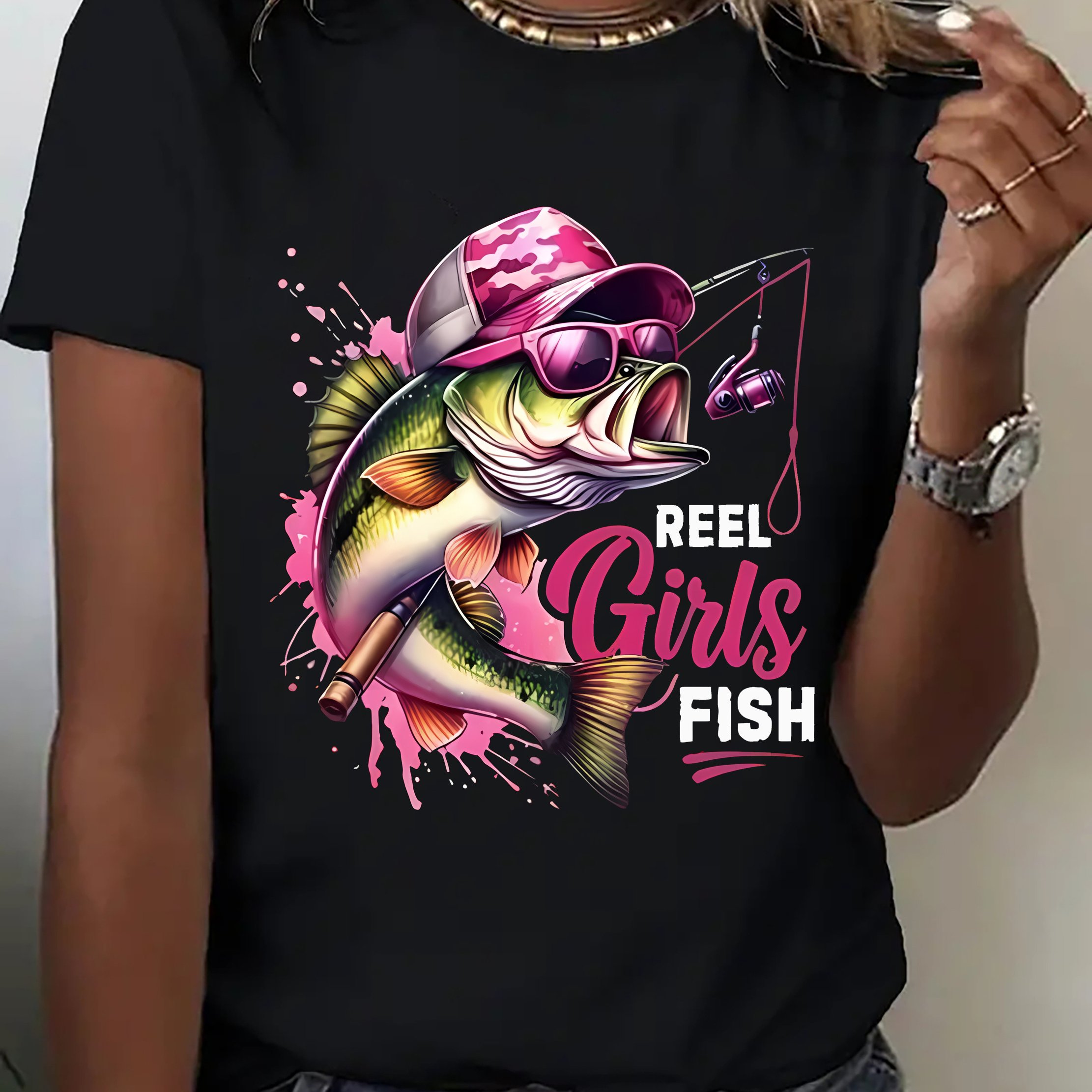 TEMU A Women's Summer T-shirt, In Multiple Colorsâpink Cool Fishing Fun, Fishing Patternâelegant Women's Round-neck Casual Sportswear, Comfortable