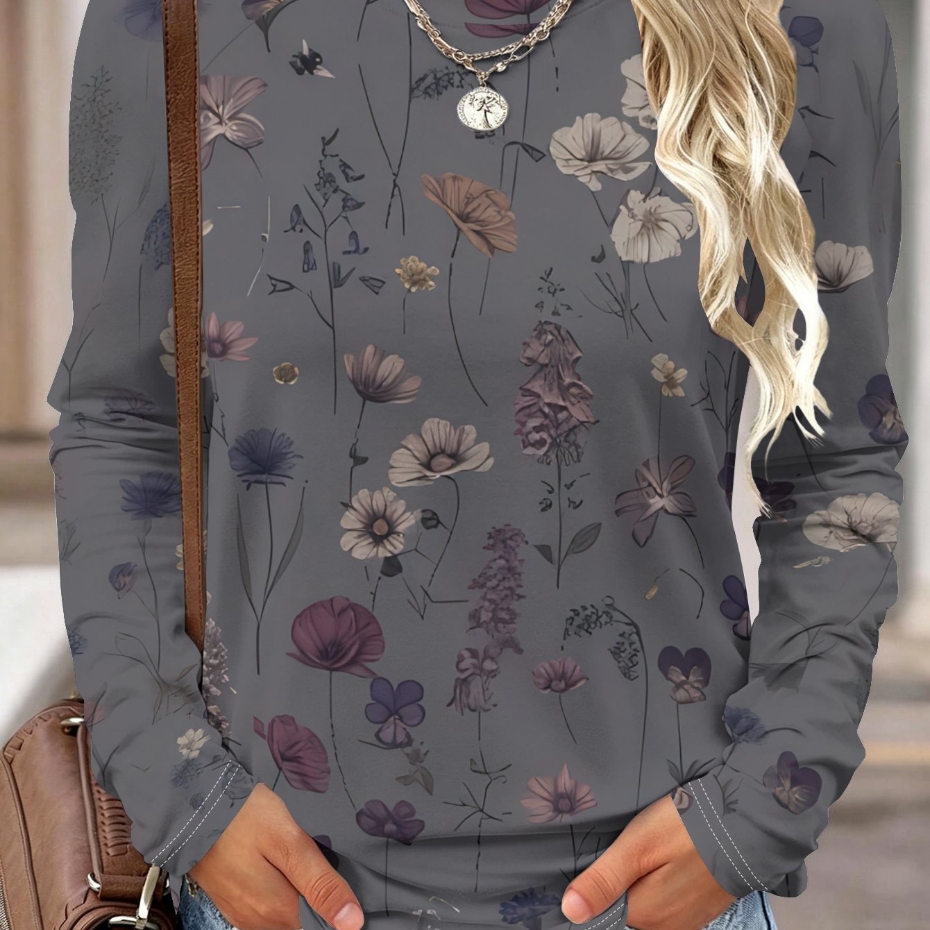 TEMU Women's Casual Long Sleeve T-shirt, Retro Gray Base With Floral Print, Multicolor Floral Patterns, Soft And Comfortable, Suitable For Spring And