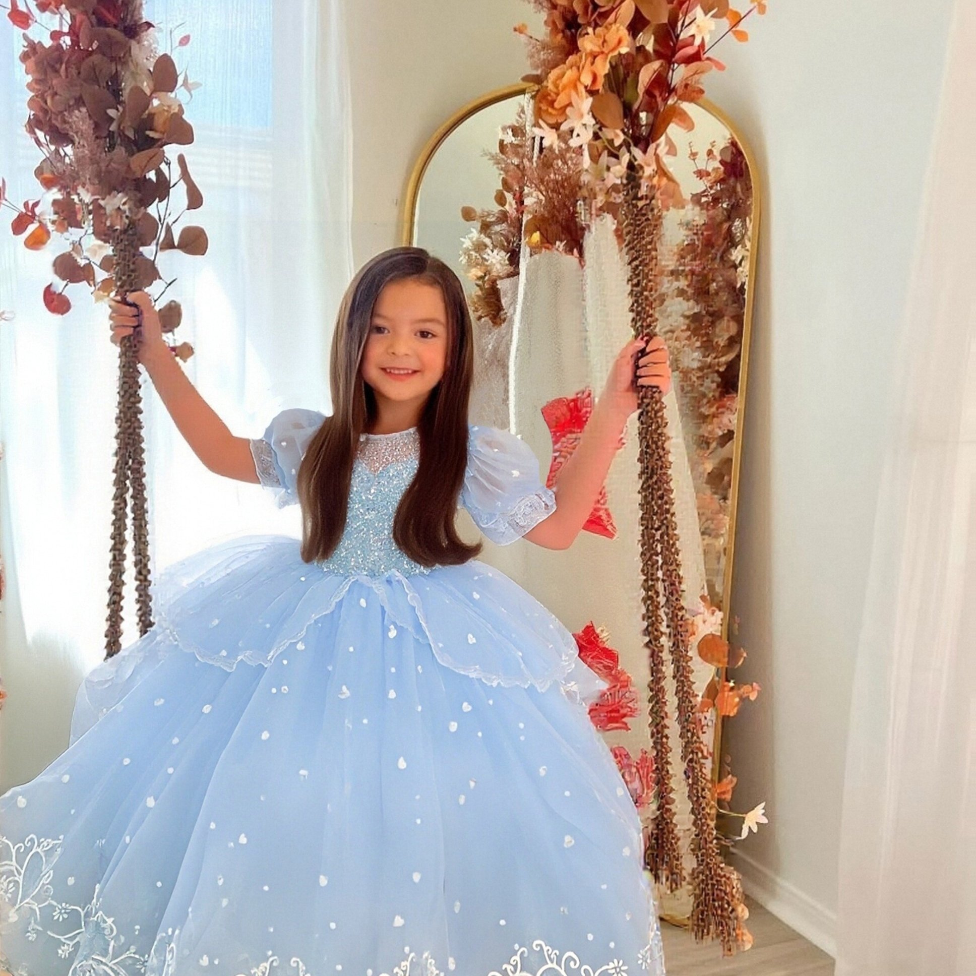 Image of Children Eden Kid's Girl Blue Tutu Dress Puff Sleevemulti Layer Wedding Dresses For Girl 3-10yrs Old