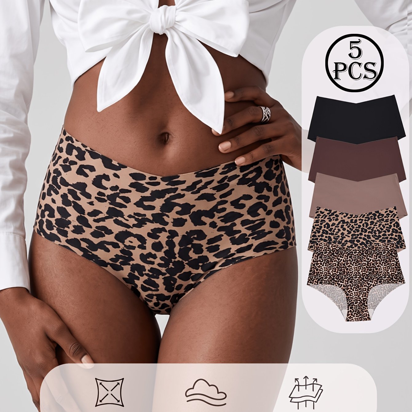 Image of 5-pack Women Solid And Leopard Print Seamless Bikini Panties, Fashion Milk Tea Tone Underwear, Lightweight Breathable Comfortable For Daily Wear