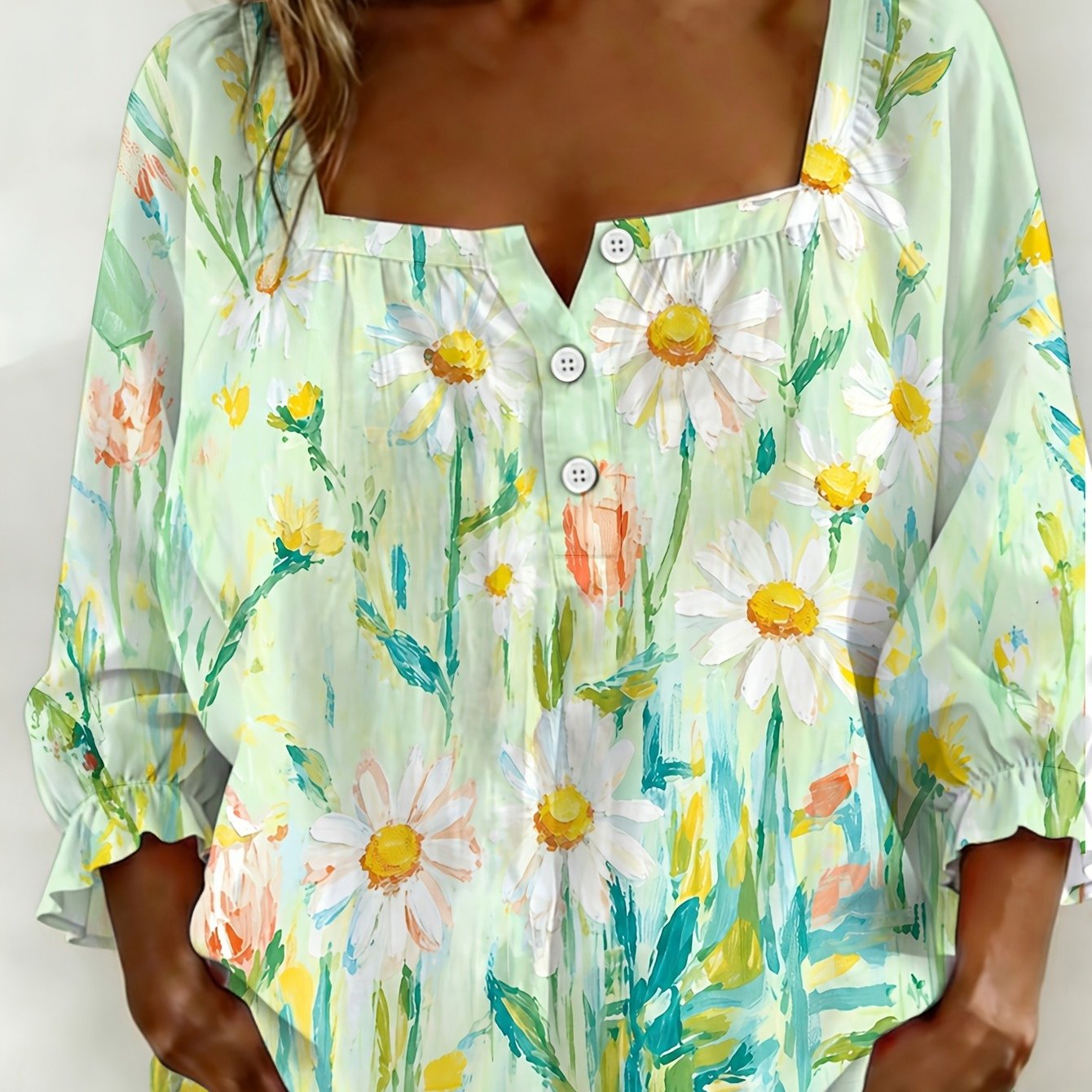 TEMU Women's Vintage V-neck Button- Blouse With Oil Painting Daisy Print - Square Collar Top, Elasticated Puff Sleeves Suitable For Church Wedding