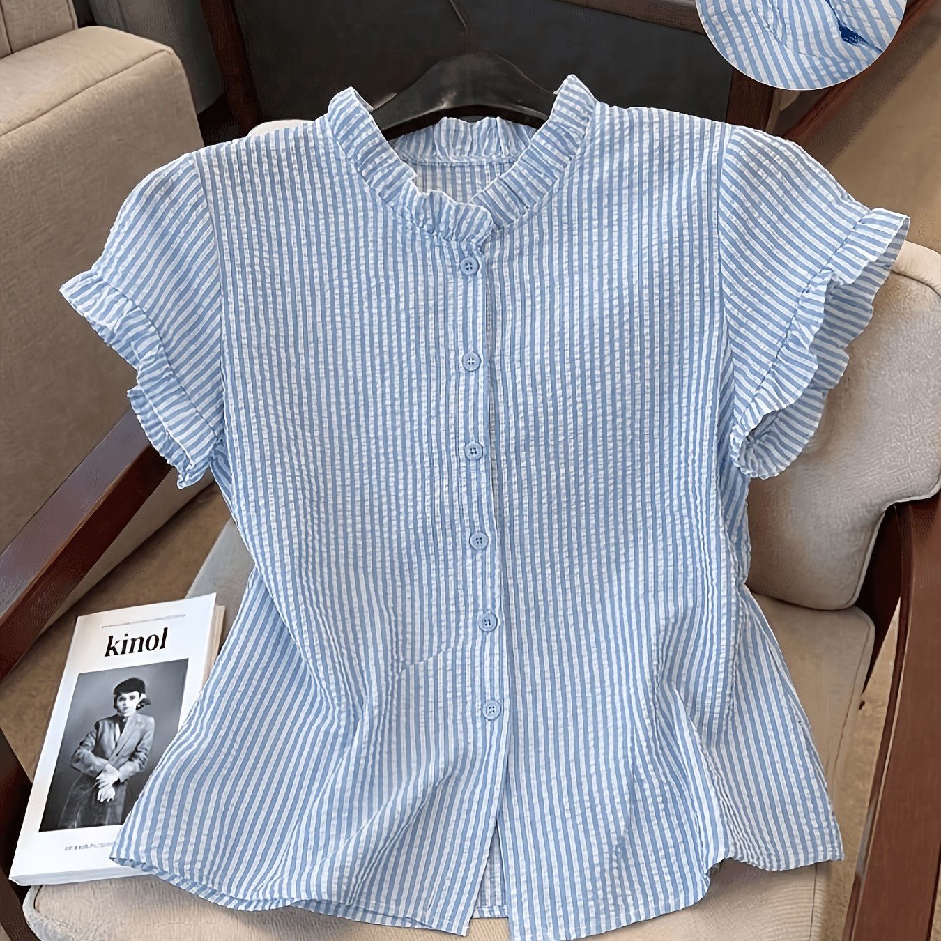 TEMU Summer New Striped Casual Versatile Round Neck Short Sleeve Open Front Shirt