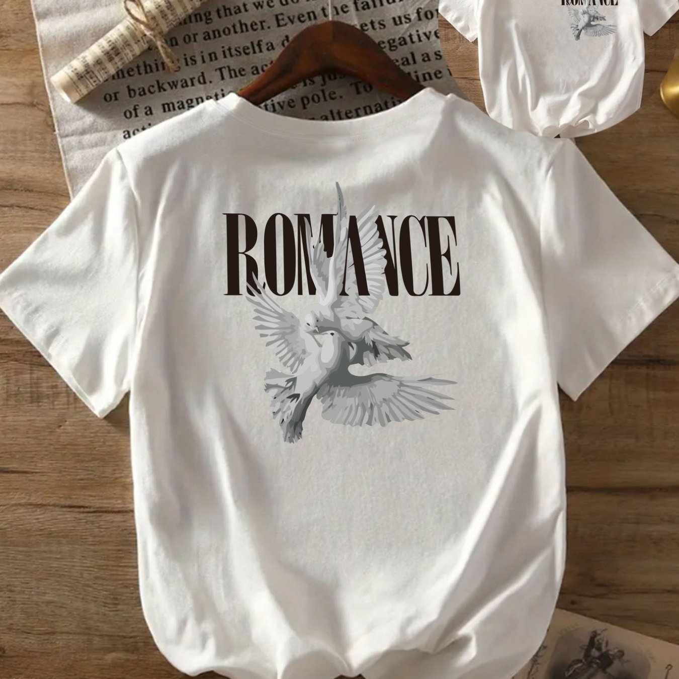 TEMU Double-flower Print, Short-sleeve Top With Front And Back Prints, Romantic, Of Peace Print, Round Neck Women's Casual Short-sleeve Top - , ,