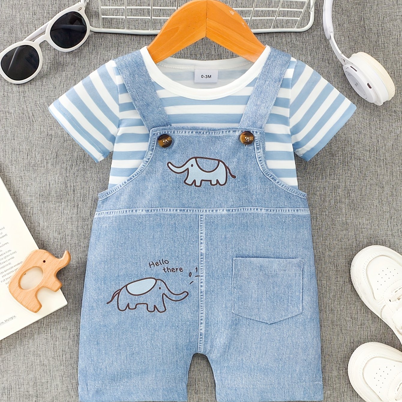 baby s denim style overalls striped shirt set elephant Temu