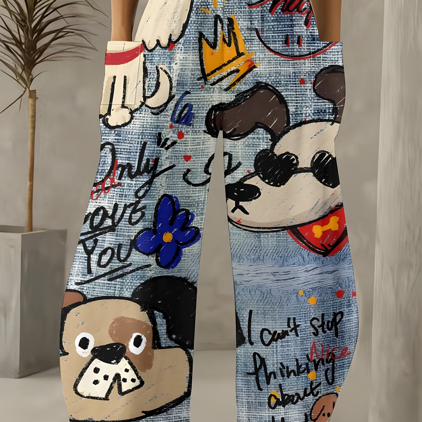 TEMU Pantalones de pierna ancha con eslogan de amor y perro lindo estilo graffiti - Pantalones de moda casual y divertidos de para mujer