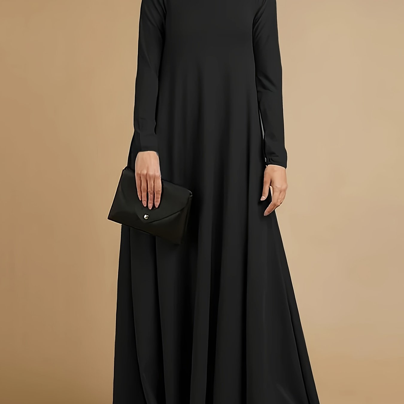 Women's High Neck Long Sleeve Casual Loose Solid Color Long Dress