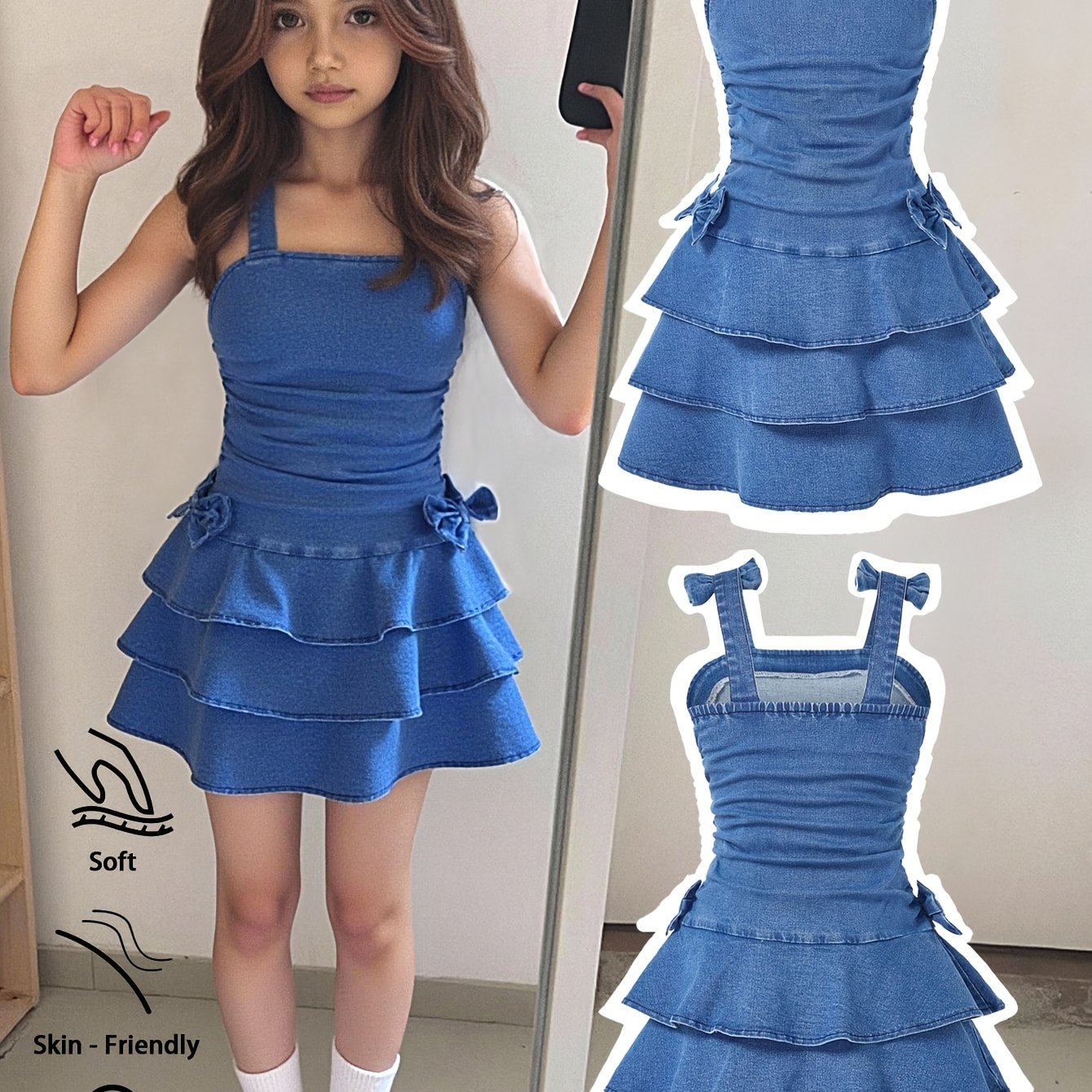 Image of Girls' Casual Comfortable Soft Washed Suspender Denim Dress With Bow, Elastic Waist Flared Hem Long Dress, Lightweight Summer Style For Outdoor Activities And Vacation Wear