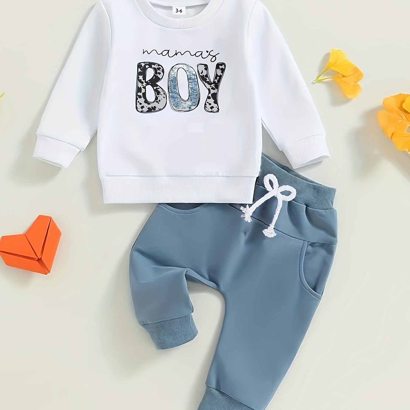 Image of Letter Print Toddler Baby Boy Clothes Newborn Autumn And Winter Clothing Letter Sweatshirt Top Elastic Waist Sweatpants Set, For Outdoor, Christmas, Halloween