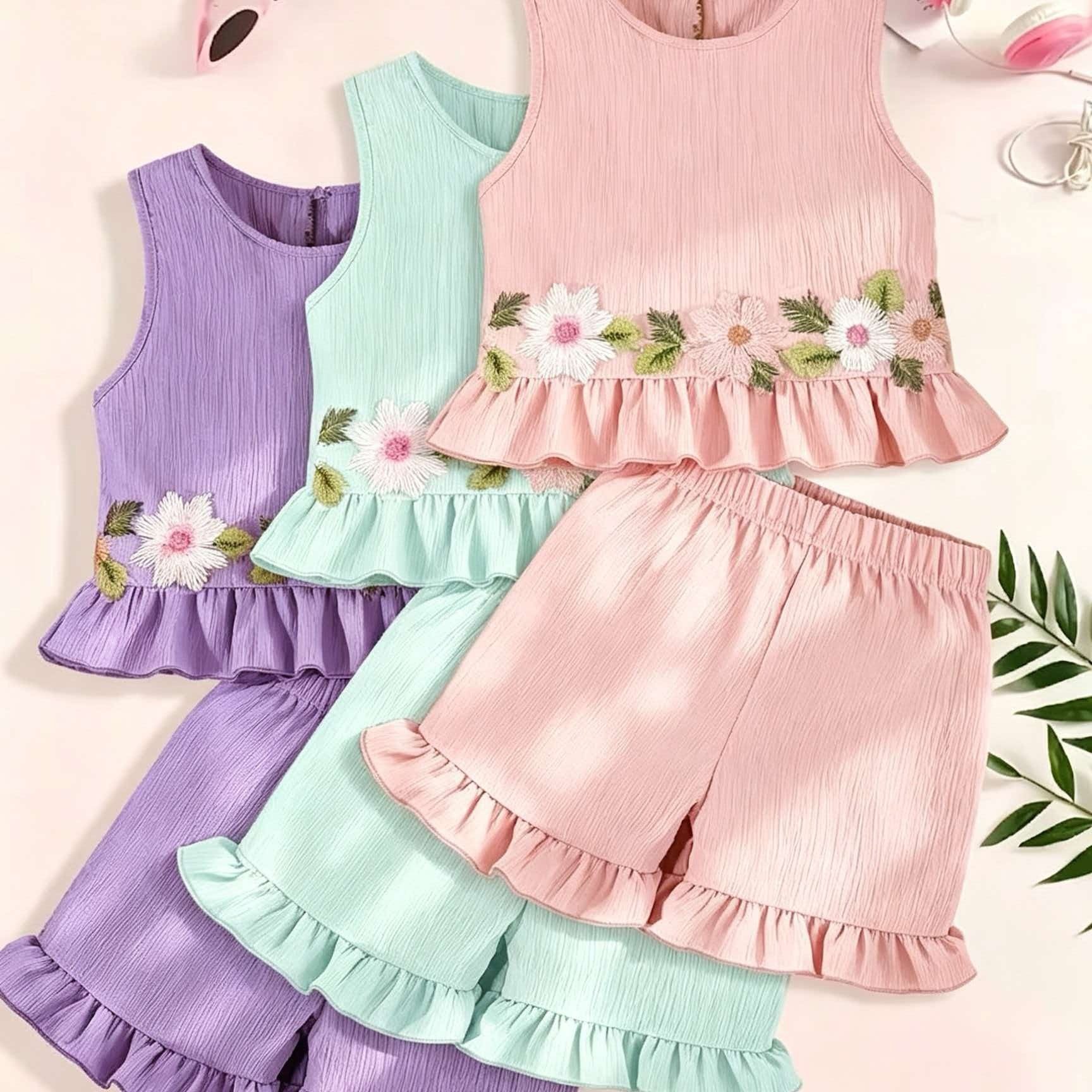 Image of A 6pcs Set For Little Girls Featuring A Stylish Casual Top With Embroidered Lace And Shorts For Summer, For Outdoor