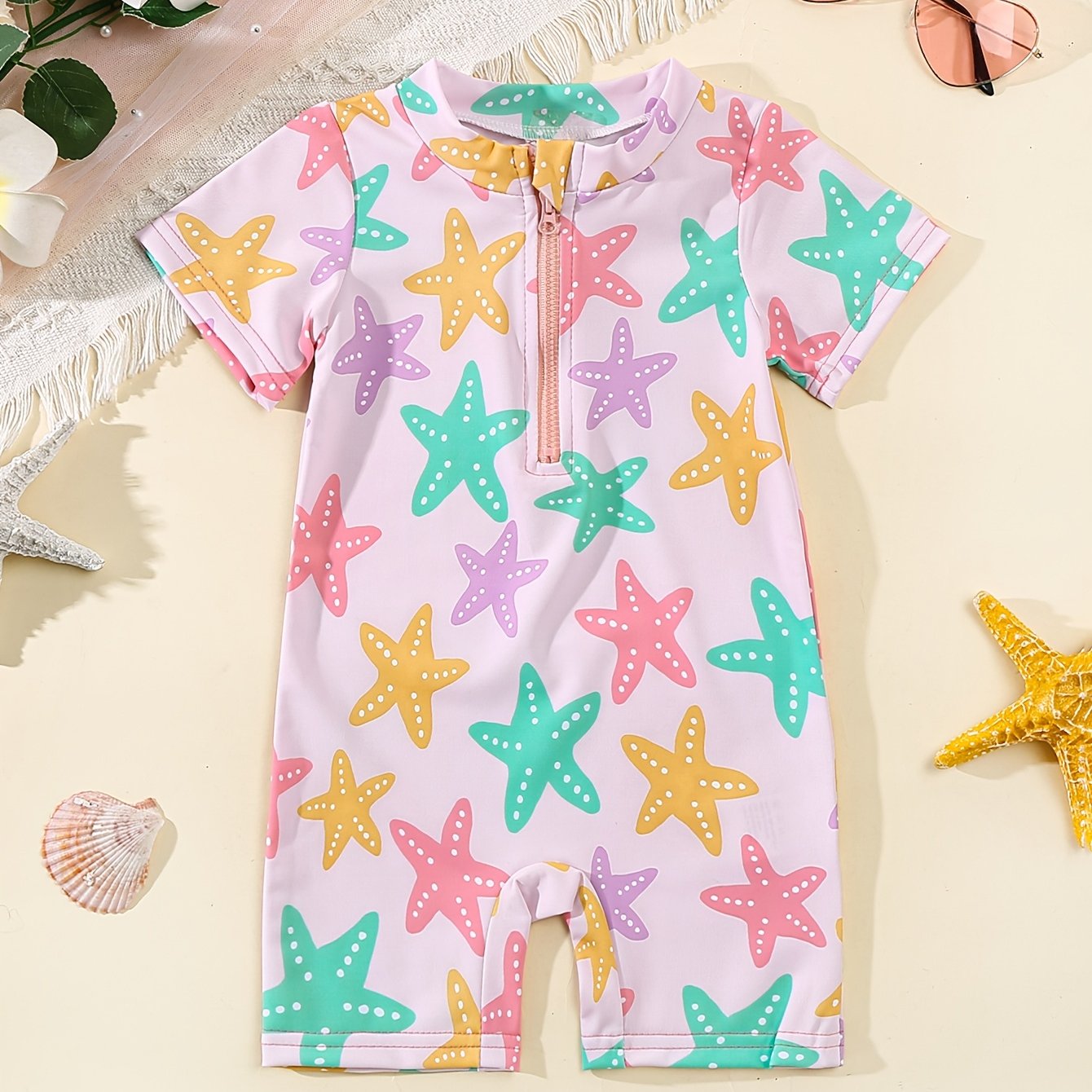 TEMU Girls' Cute Printed Short-sleeve One-piece Swimsuit