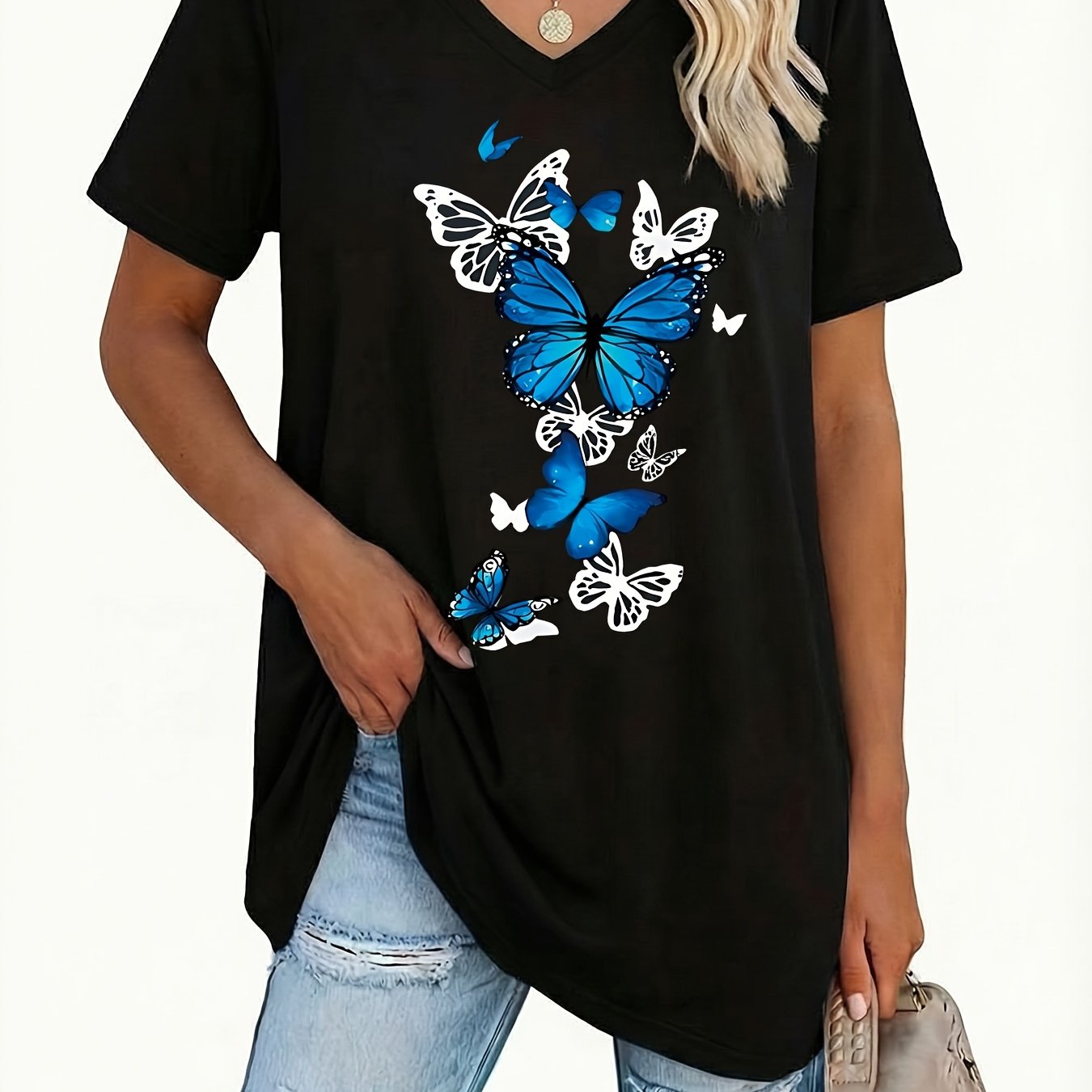 TEMU Plus Size - Plus Size - Plus Size Women's V-neck Short-sleeved T-shirt, Casual Daily , Versatile, Covers And Looks Thin, Print, Age Reduction