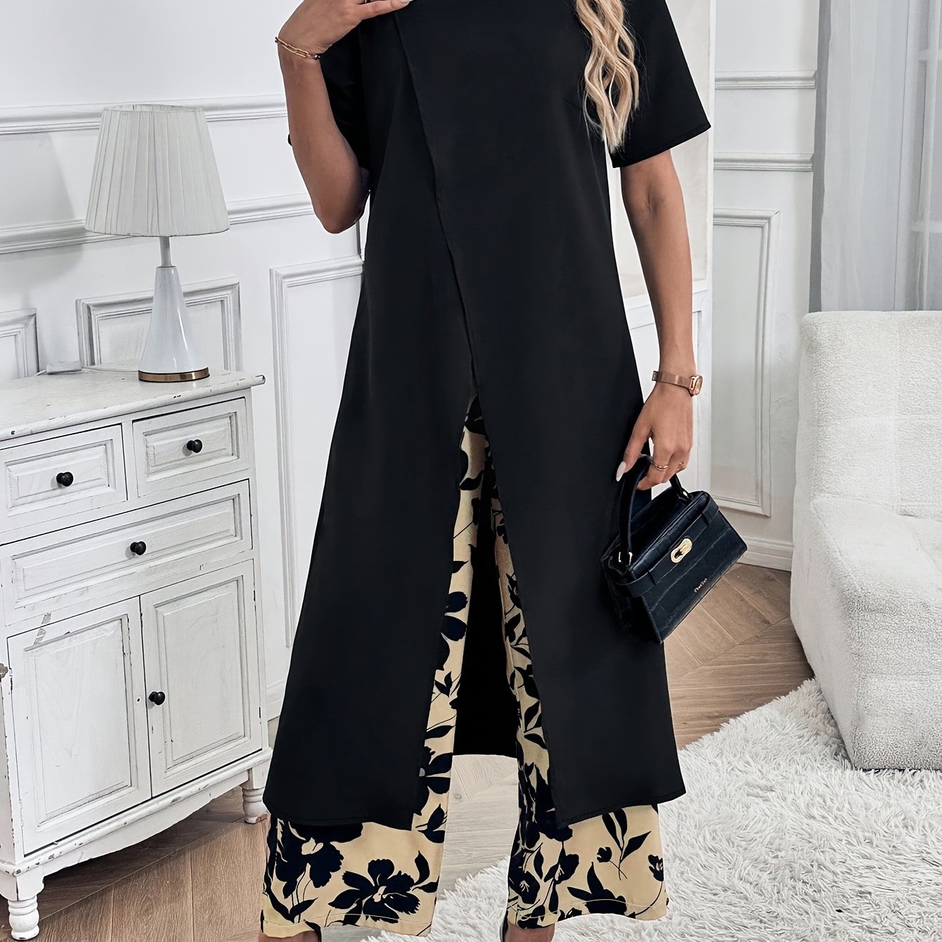 Plus Size Women's Round Neck Short Sleeve Top + Printed Pants Two-piece Set