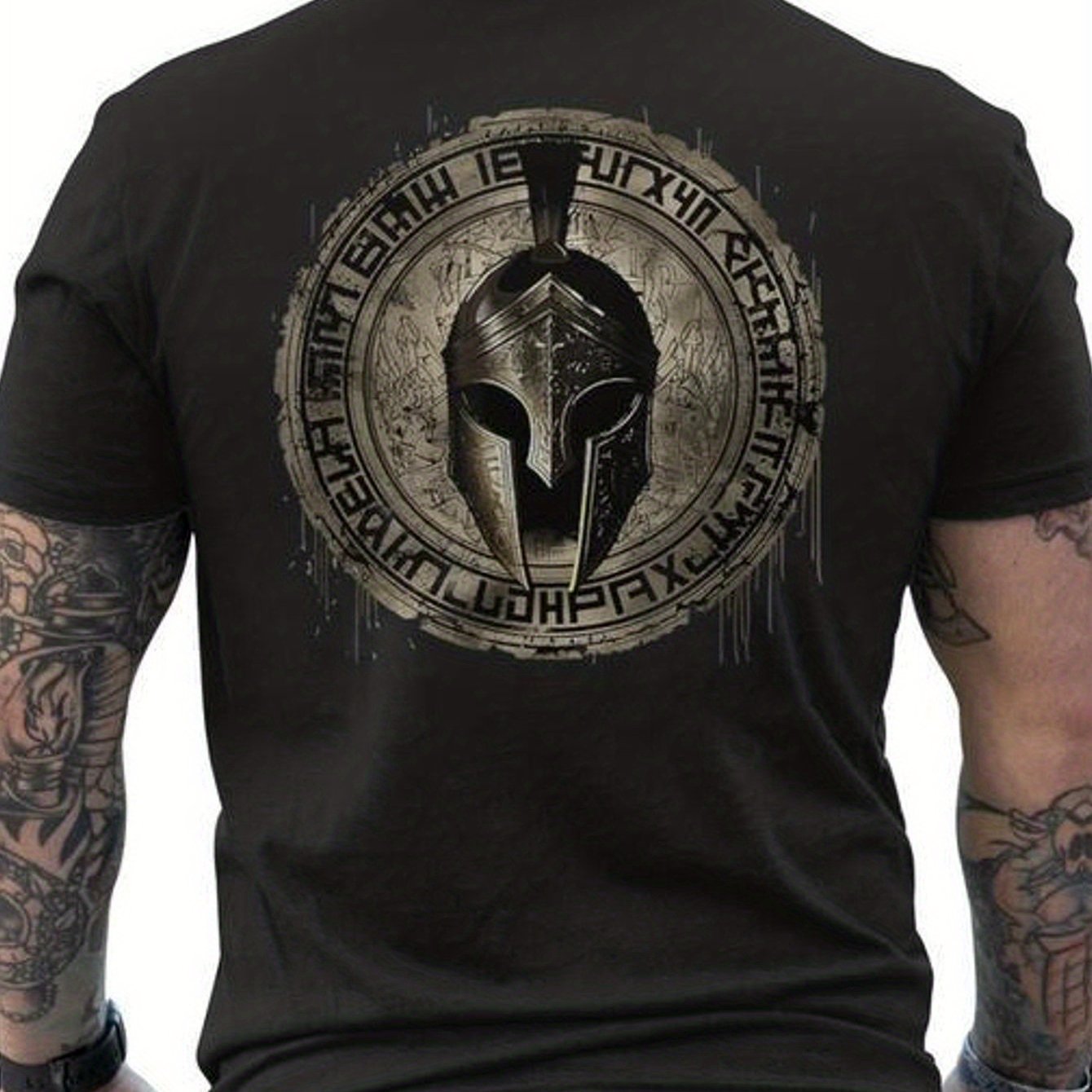 Image of Men' Helmet Leonidas Greek Warrior T-shirt - 100% Cotton Short Sleeve Ancient Sparta Design With & Greek Key Pattern - Casual History-themed Apparel For Renaissance & Casual Attire
