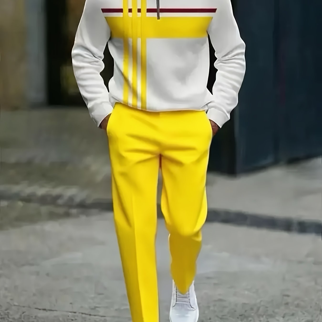 Image of Slim Fit Street Block Stripe Pattern Half Zip 2pcs Sweatshirt And Pants Set Men's Fashion Casual Trendy Adults Men Sportswear Casual Wear