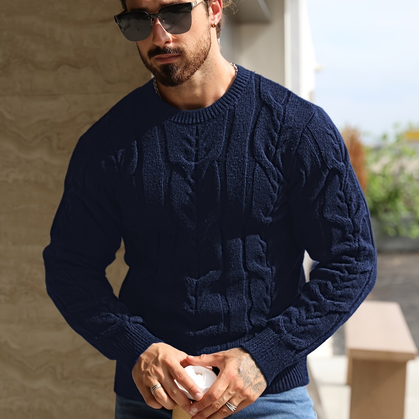 E-shop Herren Casual Gestreifter Pullover - Weicher Stretch-Strick mit Rundhalsausschnitt und Langen Ärmeln, Maschinenwaschbarer H-Passform mit