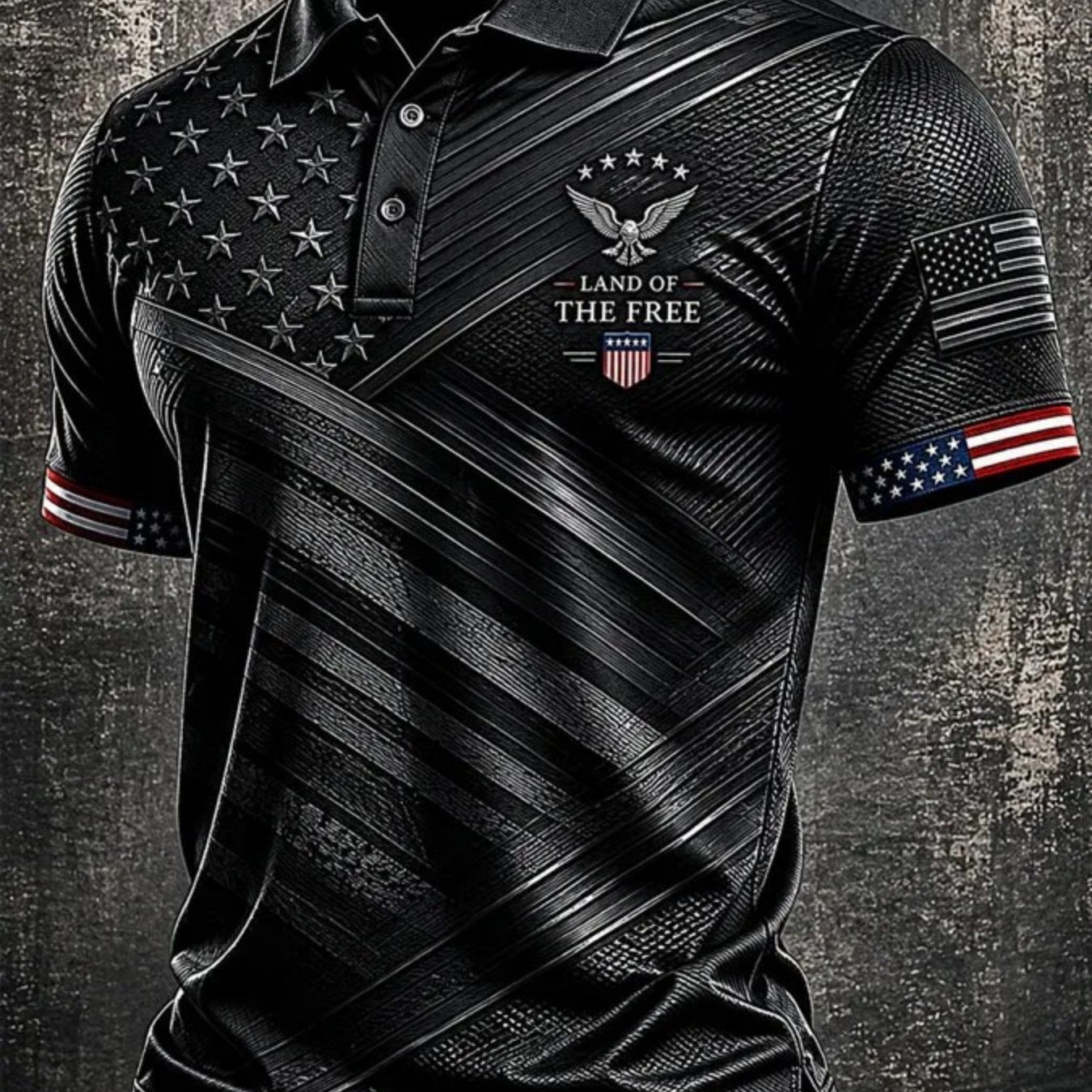 Men's American Flag Shirt, All-, Embossed Texture, "" Eagle Shield Pattern, Single-color American Flag Sleeve Patch, Sports Golf Shirt