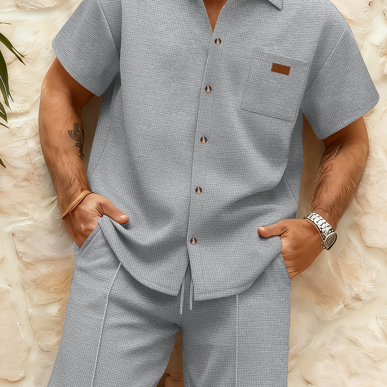 TEMU 2pcs Men's Casual Vacation Outfit | Fashionable Solid Color Single-breasted Lapel Shirt With Pockets And Drawstring Waist Shorts, Perfect For