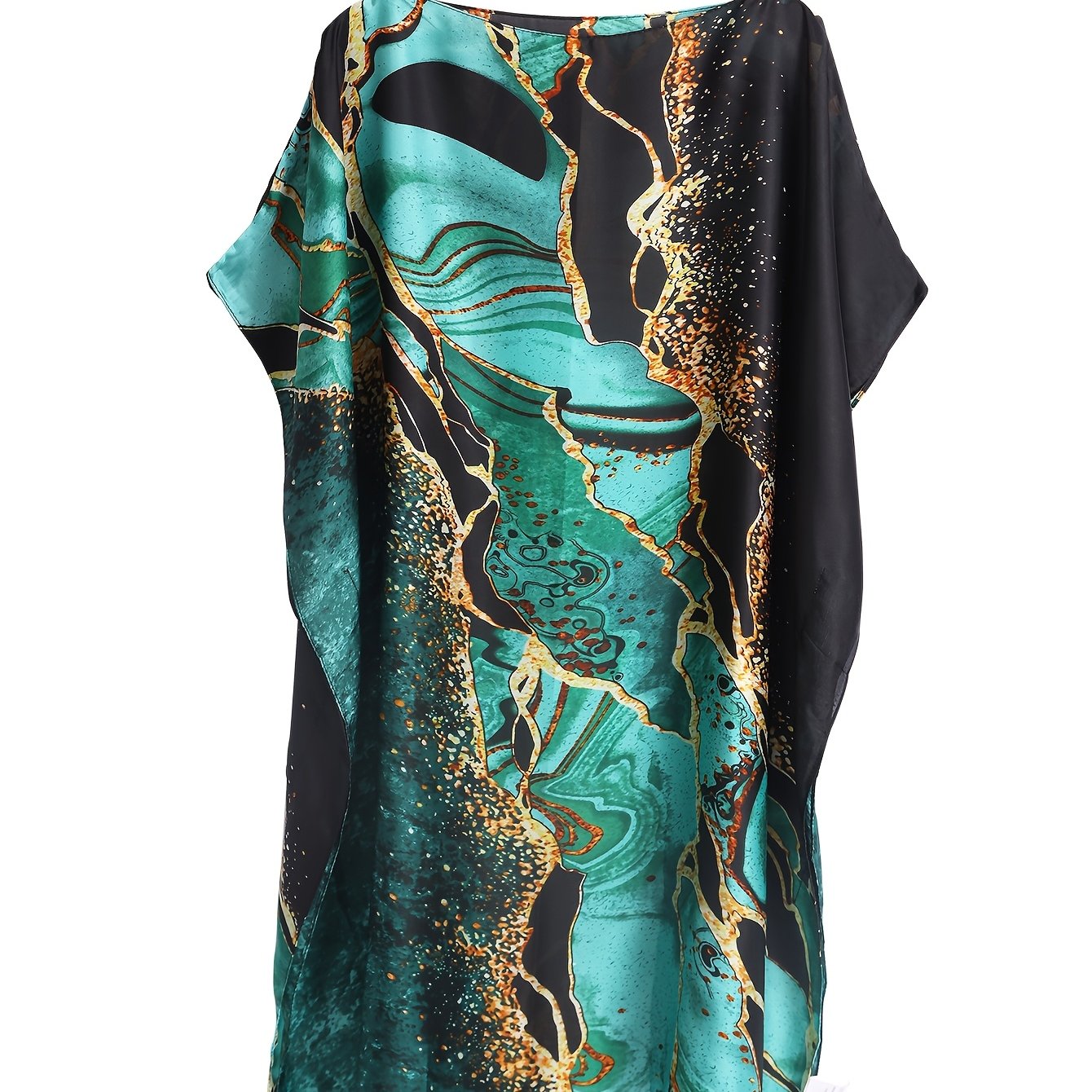 TEMU Satin Women's Summer Travel Malachite Print Cover-up Bohemian Style [26ss Summer Trend]
