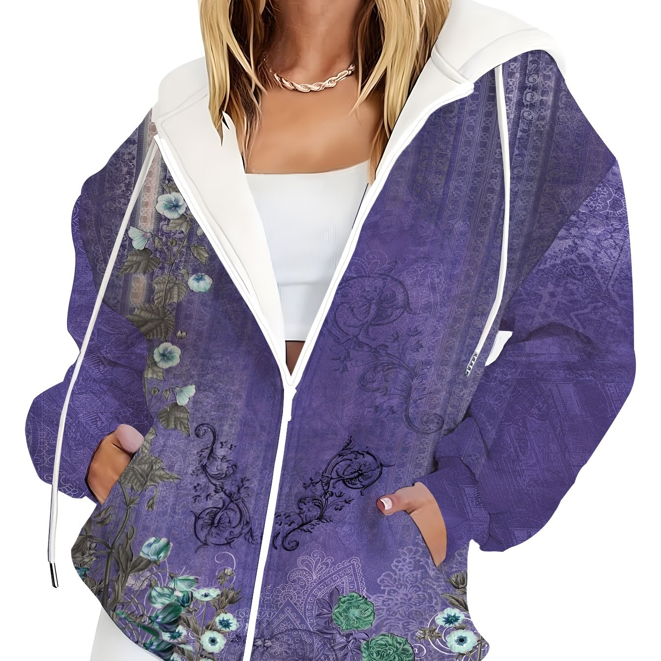 TEMU Plus Size - Plus Size - Women's New Style, Easy Floral Print, Zip-up Hoodie, Adjustable Drawstring, Medium-stretch Fabric, Machine Washable,