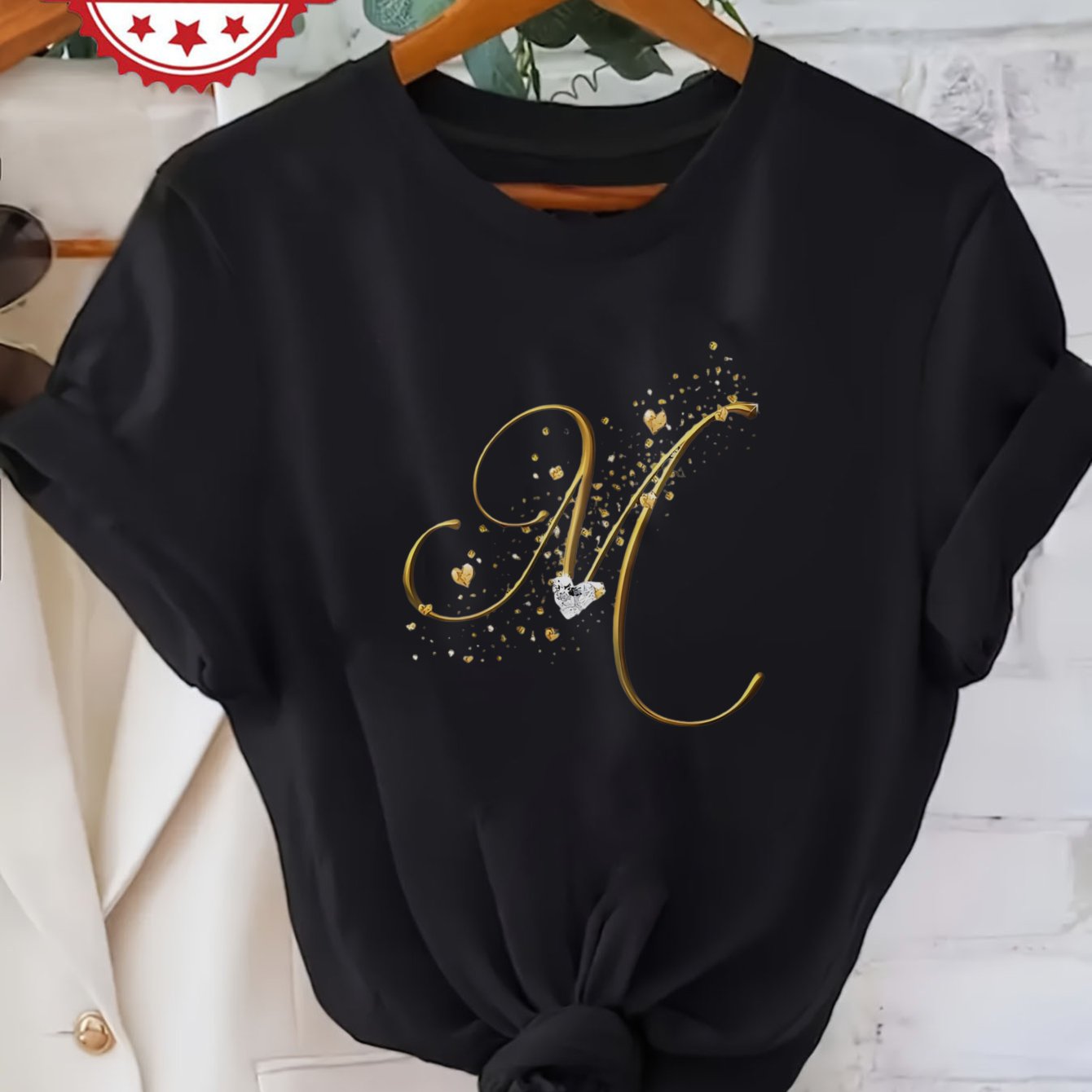 Women's T-shirt Golden Letter M With Sparkles Short Sleeve Crew Neck Casual Suitable For Spring And Summer 100% Printed T-shirt Women's Clothing
