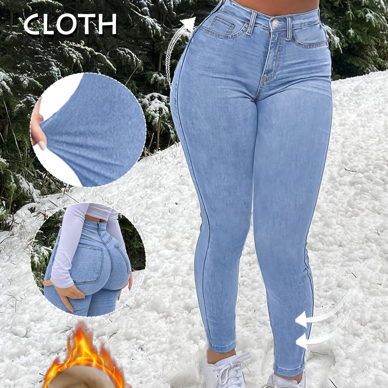 Women's Velvet High-waisted Elastic Slim-fit Pencil Pants, Solid Color Washed Nine-, Plush And Thickened -4℃ Jeans, Y2k Streetwear