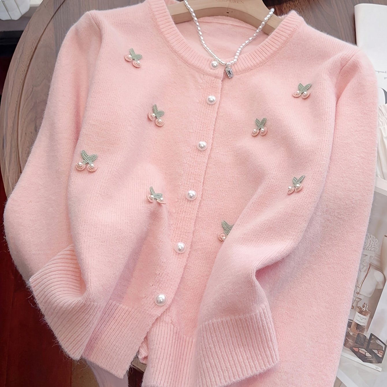 TEMU Ladies' Solid Color Cardigan For Spring And Autumn, Featuring And Cherry Decorations, With A French, Sweet, Gentle, And Elegant Style, Perfect