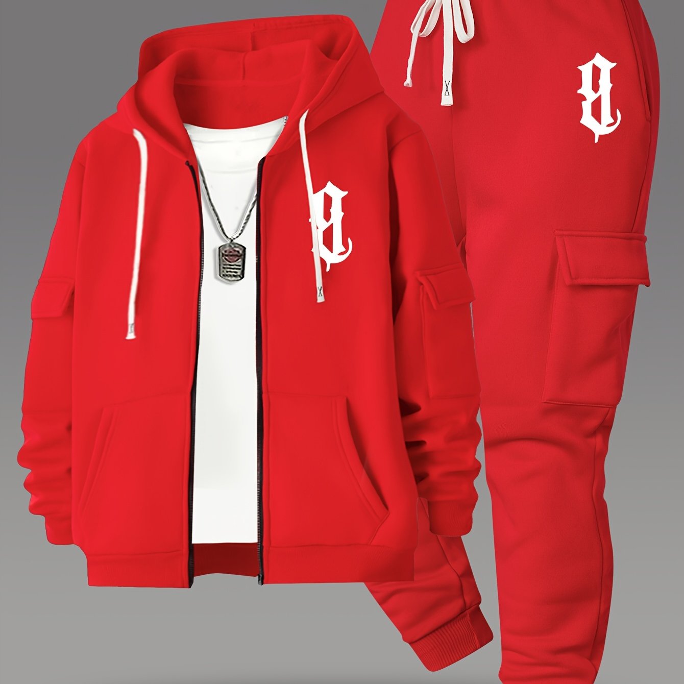 TEMU Fashion Zip-up Hoodie And Loose-fit Cargo Pants With Multiple Pockets, Casual Daily Comfortable Versatile Breathable Drawstring Zip-up Hooded