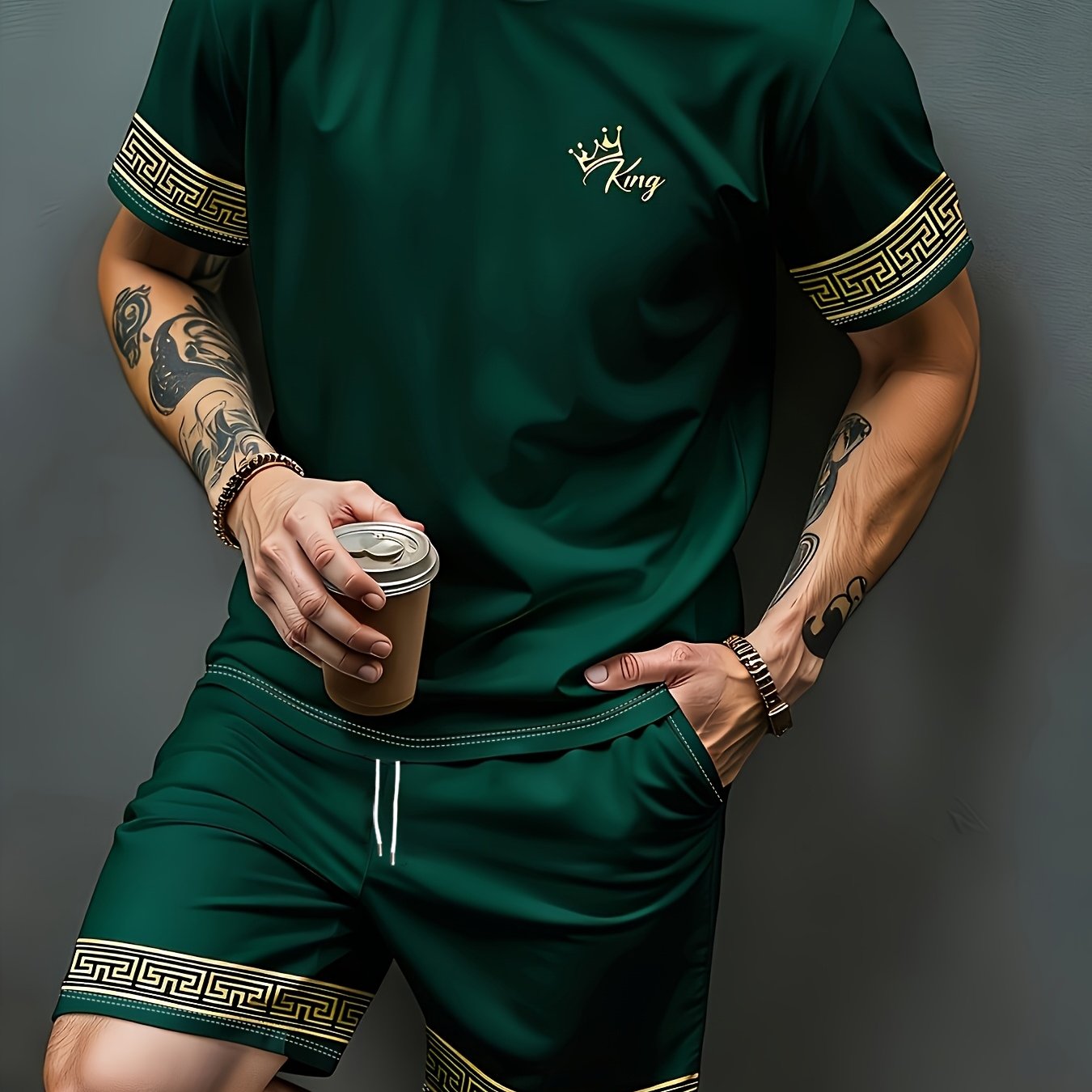TEMU Men's Sporty Crew Neck Short Sleeve And Shorts Set, Printed Casual Summer Outfit With Drawstring And