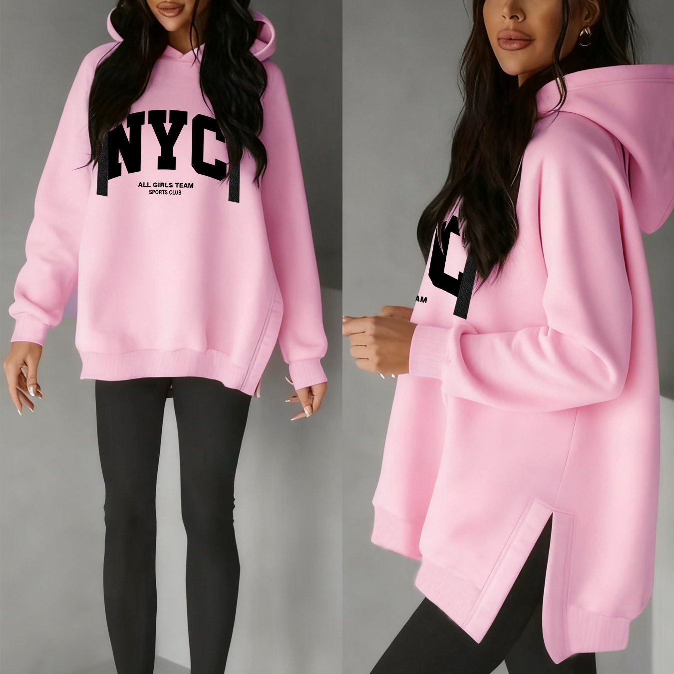 TEMU Women's Fashion Side-cut-out Hooded Drawstring Sweatshirt For Autumn And Winter, Y Hooded Sweatshirt, Casual Wear, Print |