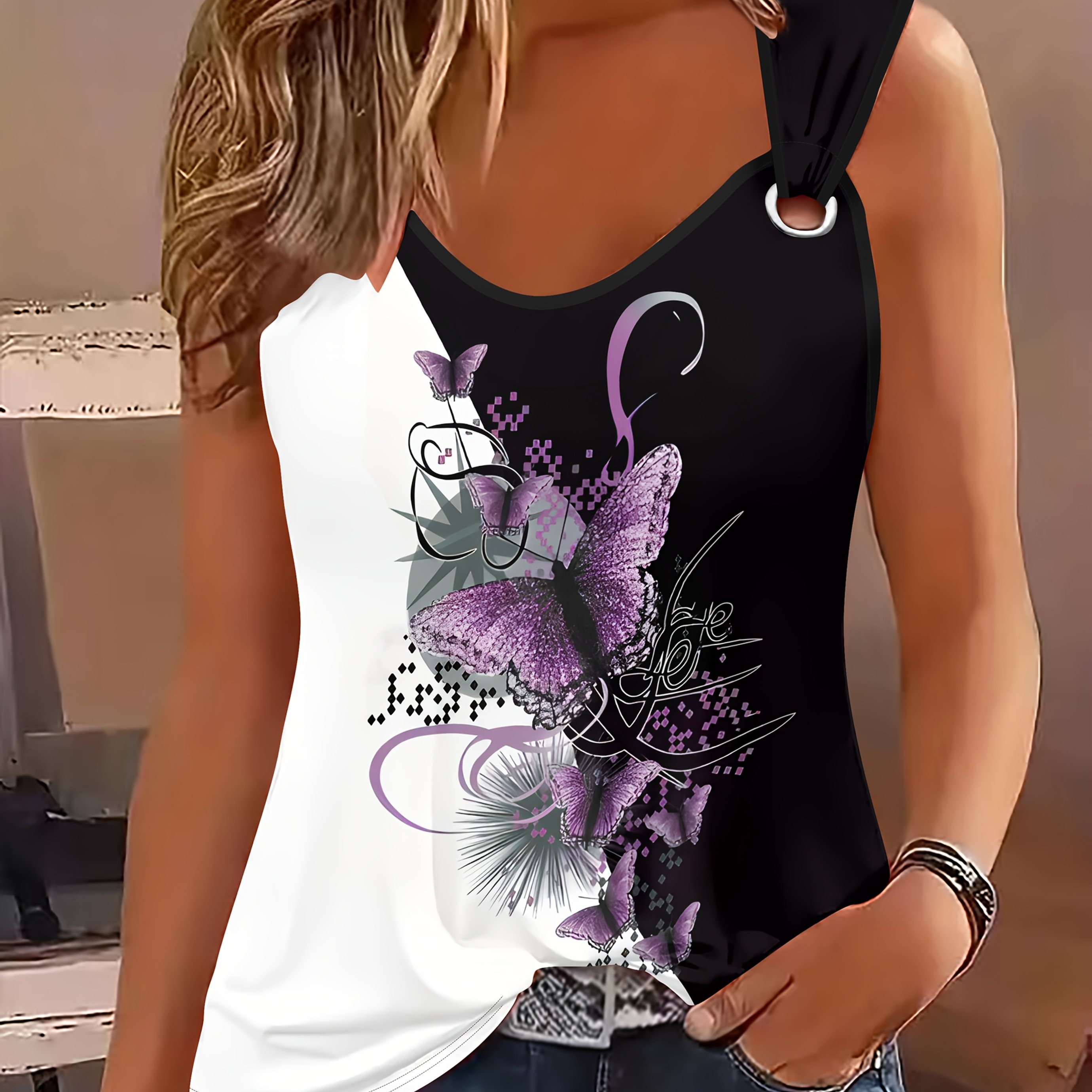 Plus Size, Women's Plus Size Casual Print Pattern Ring Vest