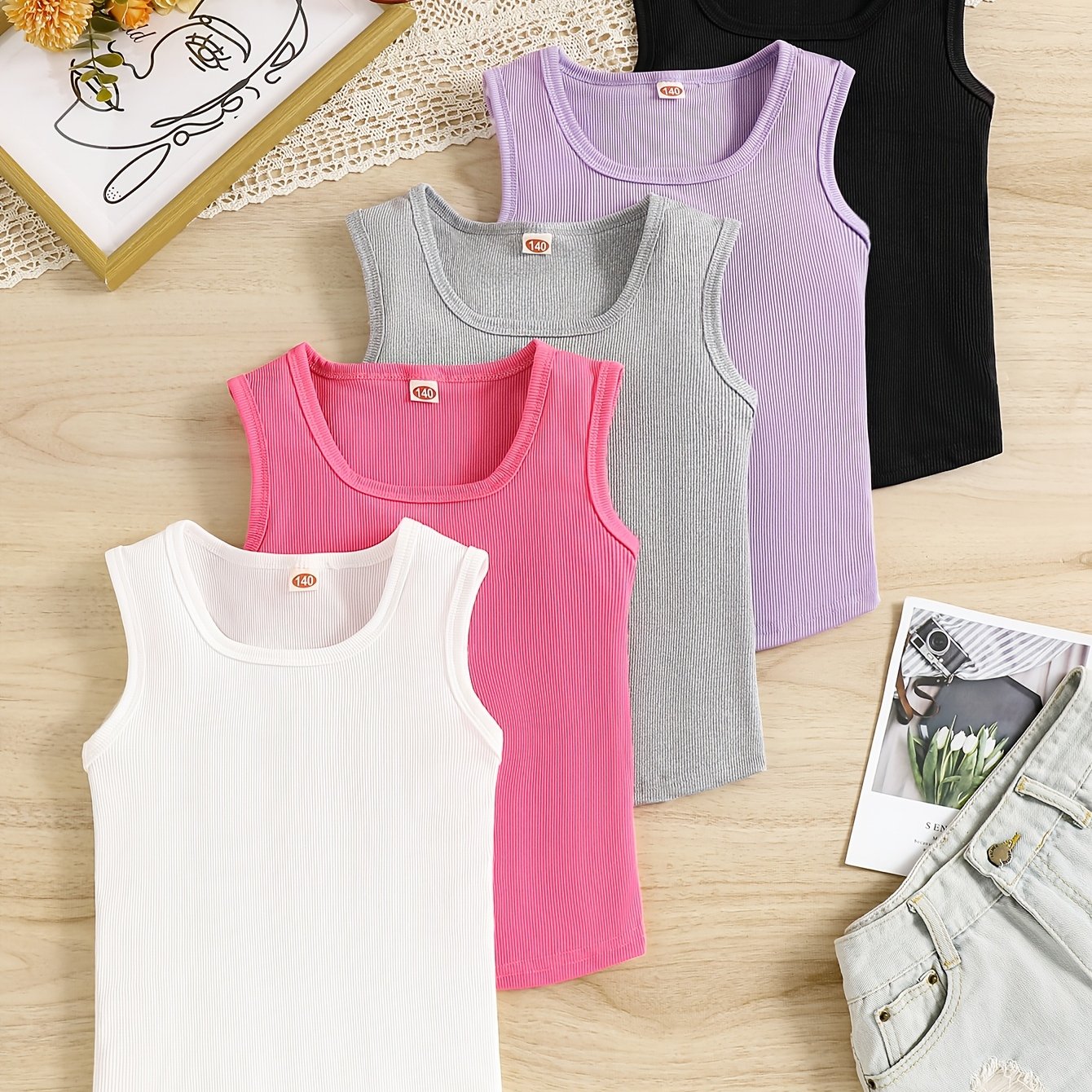 Image of Girls' Athletic Tank Tops, High-stretch Solid With Ribbed Detail, 5pcs Set, Suitable For Back-to-school, Graduation, Parties, Gatherings, Halloween, And Christmas Wear