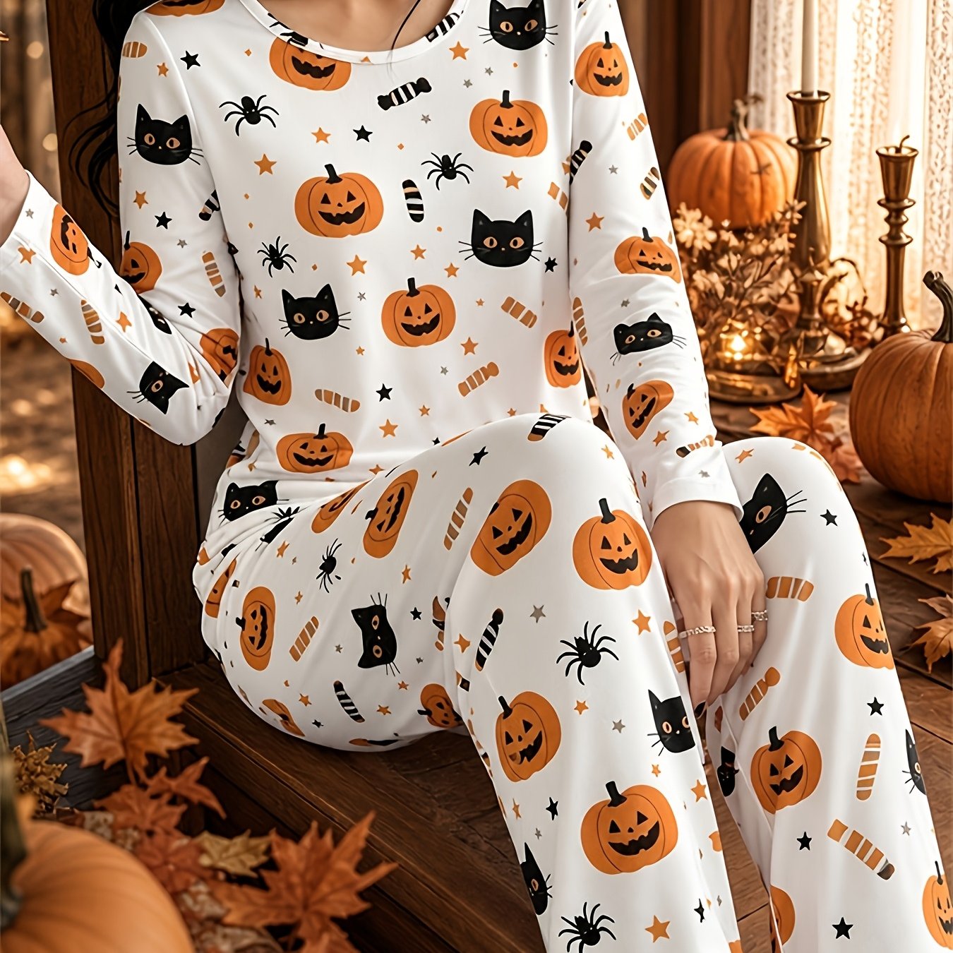 TEMU Halloween Women's 2pcs Casual And Comfortable Party Pajama Set, Round Neck Long Sleeve And Long Pants, Halloween Night Holiday Gift, Suitable As