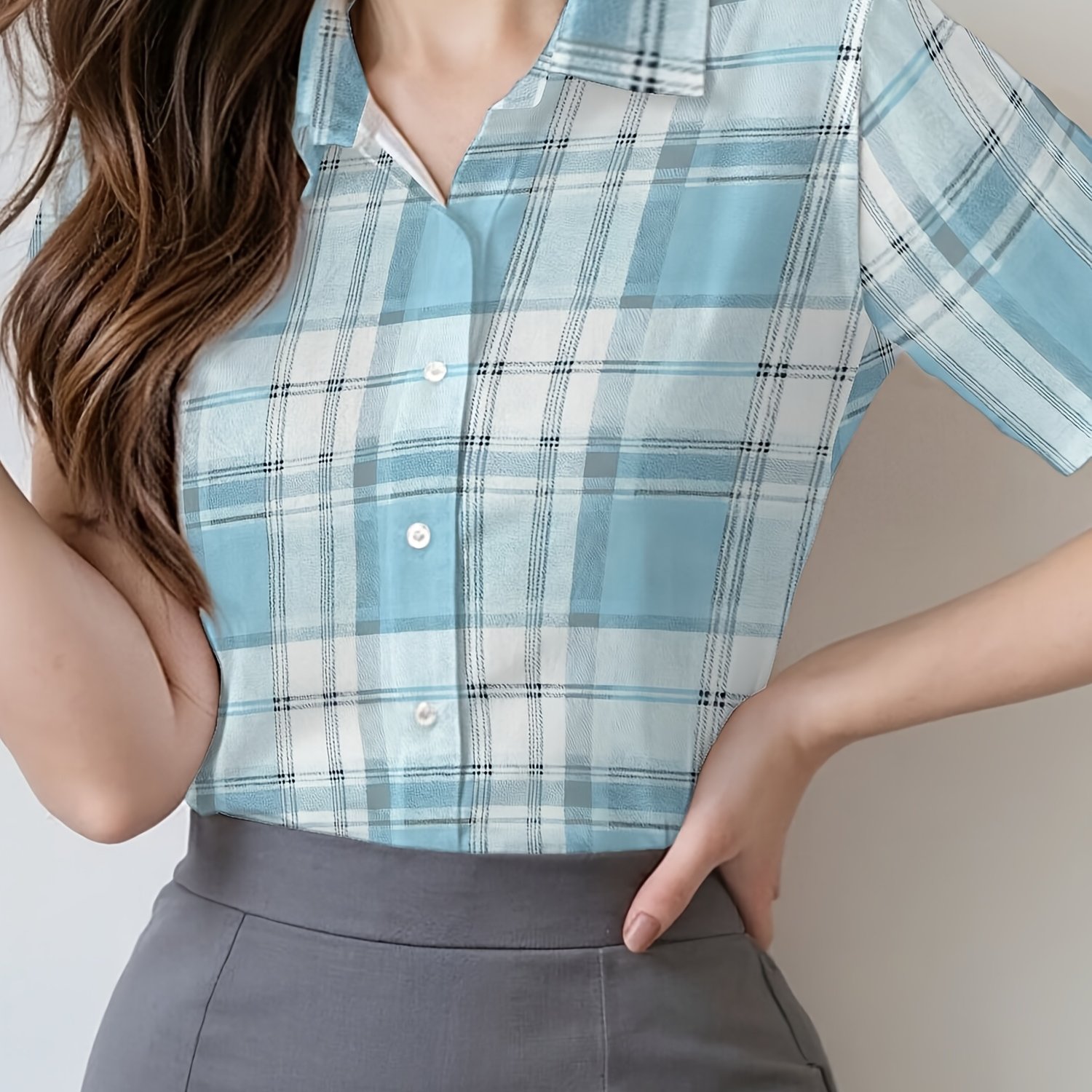 TEMU 여름 여성 라펠 셔츠 반팔 프린트 탑, 신선한 블루 체크, 클래식 빈티지 스타일, 소셜 모임 및 비즈니스 외출용