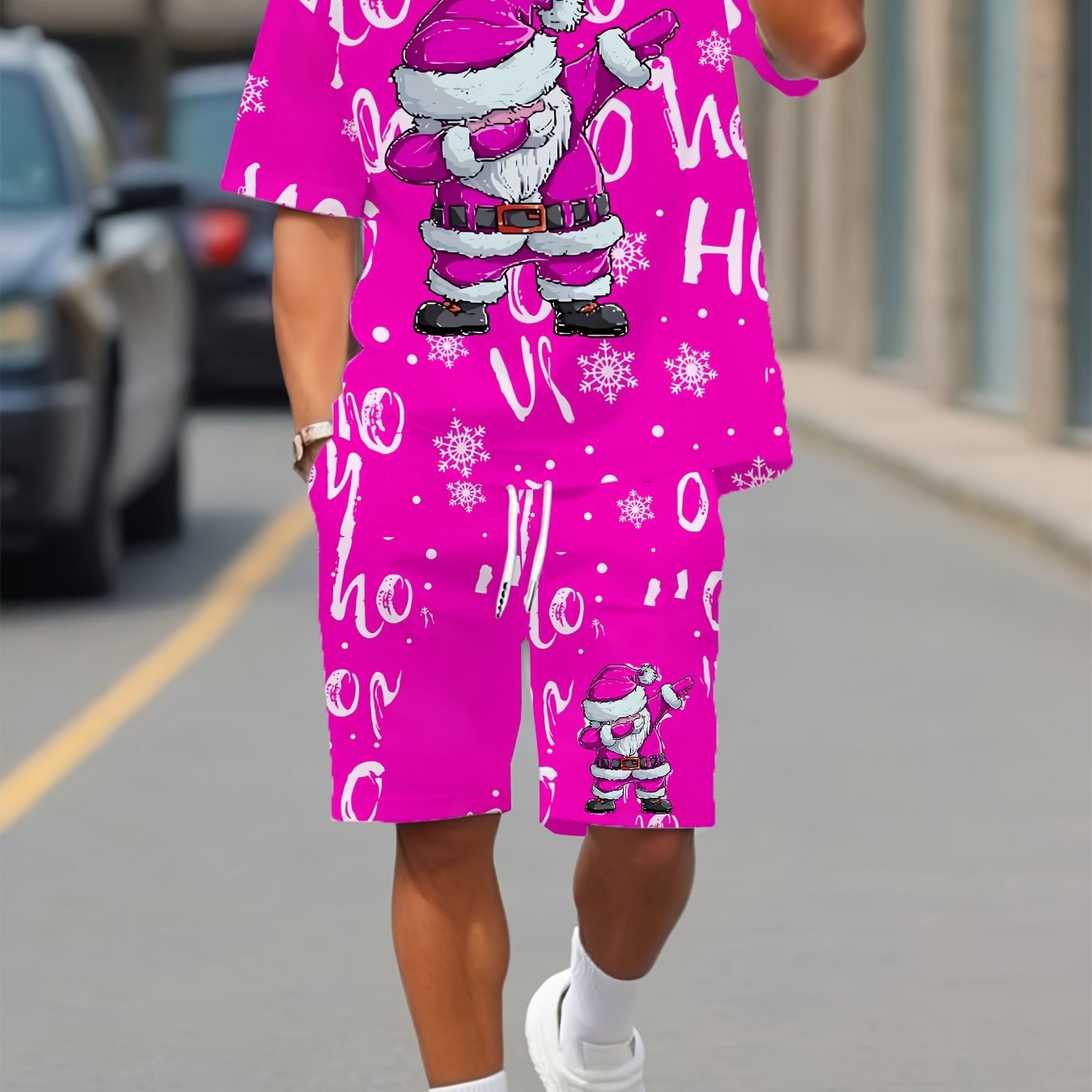 TEMU Men's Casual Short-sleeve Two-piece Set, Featuring A 3d Print Santa Claus And Letter T-shirt - With A Christmas Snowflake Design, Elastic Round