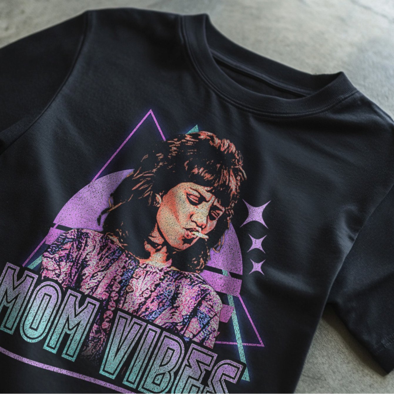 Image of Women's Boho Graphic T-shirt - Retro 80s Neon Print Soft Round Neck Tee, Black With Vintage Design, Casual & Sports Wear, Mother's Day Gift Idea, Durable Everyday Shirt For Women